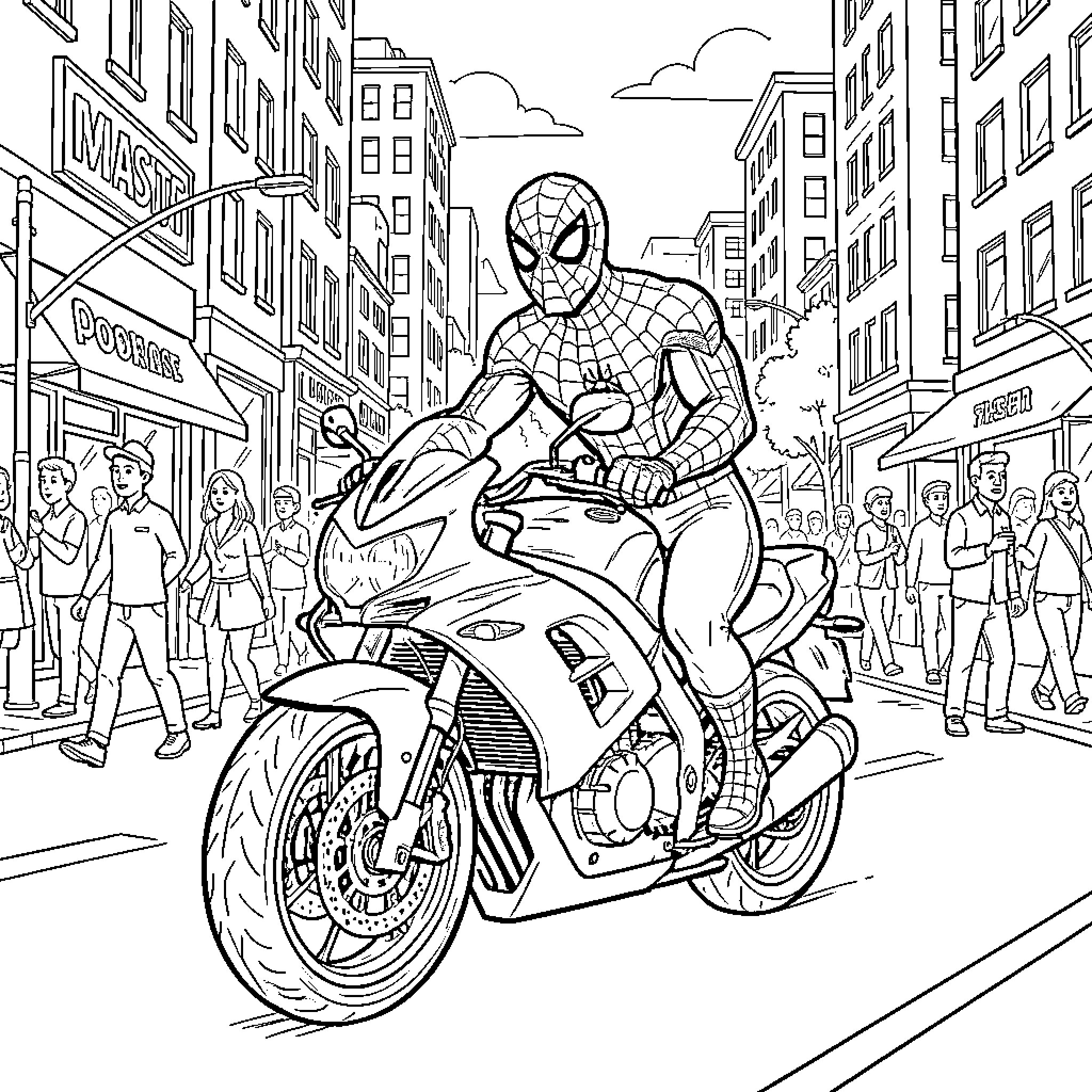 Spiderman riding a motorcycle through a busy city street Coloring Page (free black-and-white line drawing printable PDF for all, from beginners to advanced learners, including children, teens, adults, and seniors)