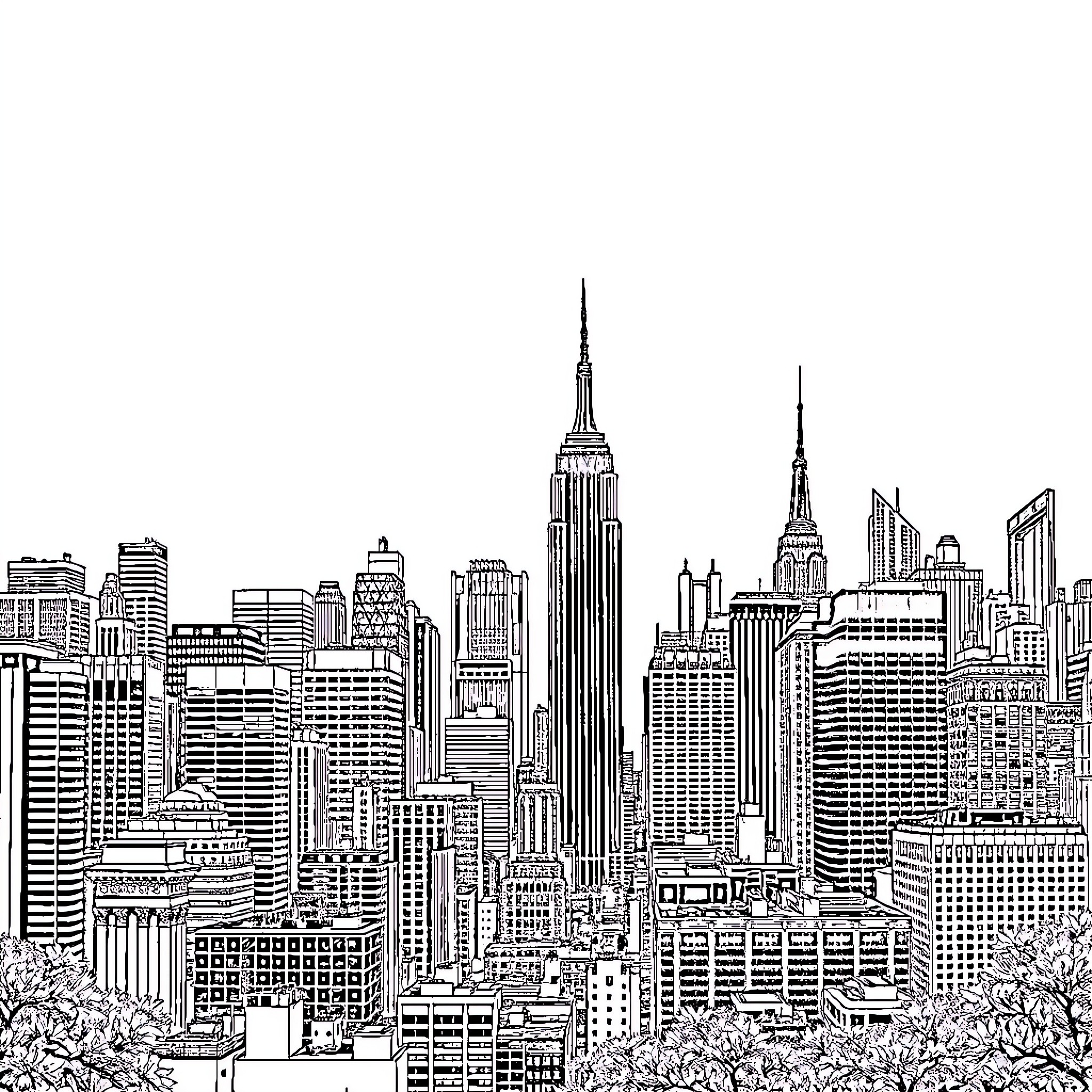 New York City skyline with iconic skyscrapers Coloring Page (free black-and-white line drawing printable PDF for all, from beginners to advanced learners, including children, teens, adults, and seniors)