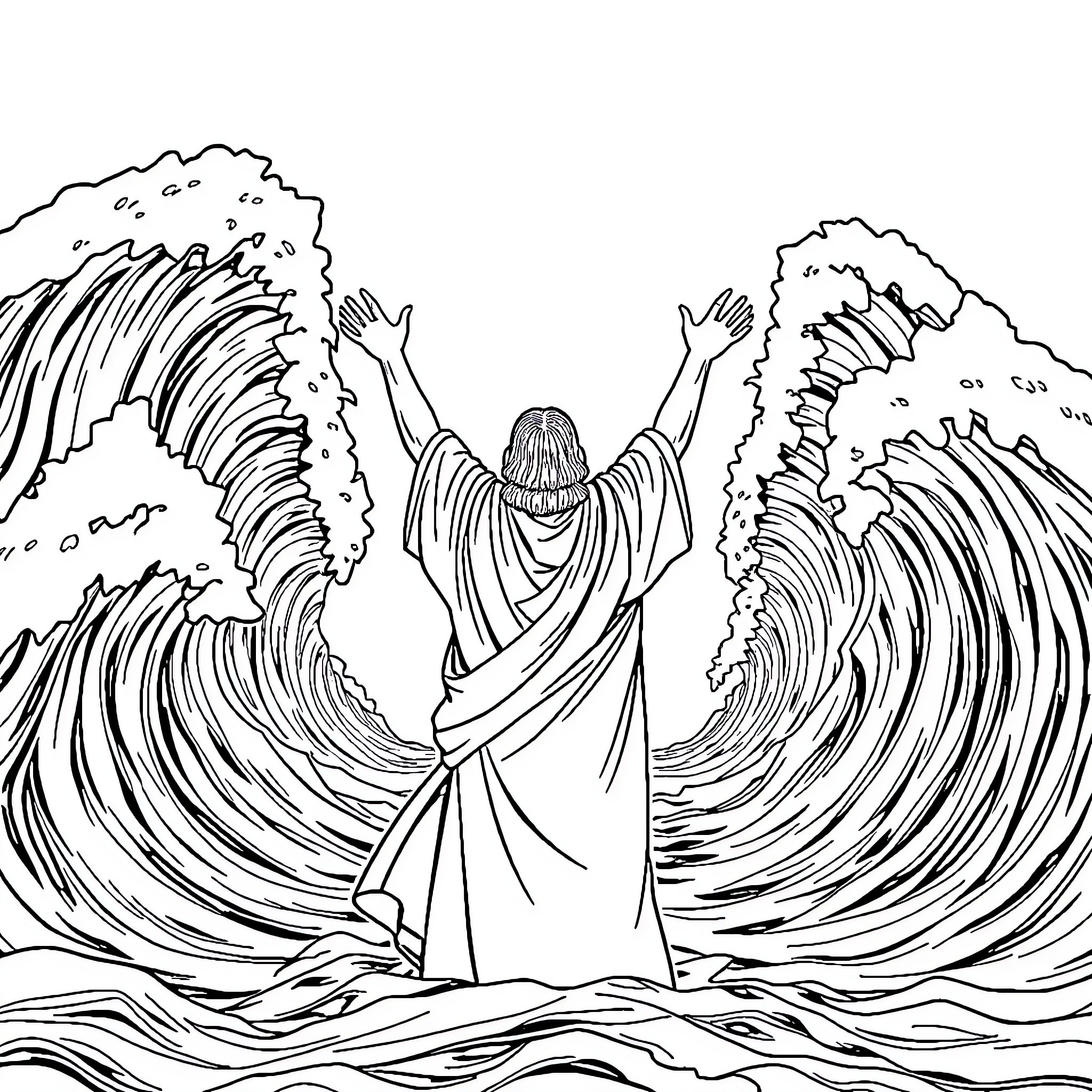Moses Parting the Seas with Divine Intervention Coloring Page (free black-and-white line drawing printable PDF for all, from beginners to advanced learners, including children, teens, adults, and seniors)