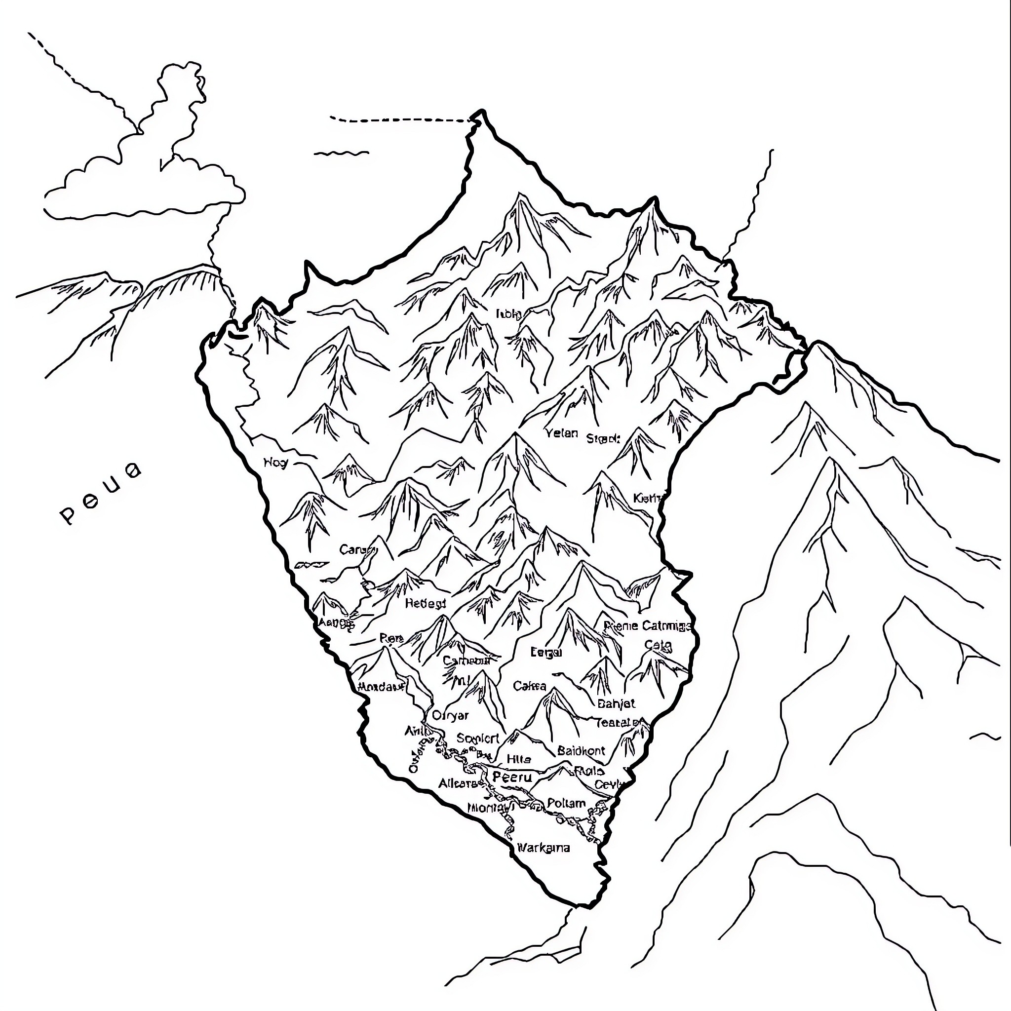 Map of mountainous terrain with peaks and valleys Coloring Page (free black-and-white line drawing printable PDF for all, from beginners to advanced learners, including children, teens, adults, and seniors)