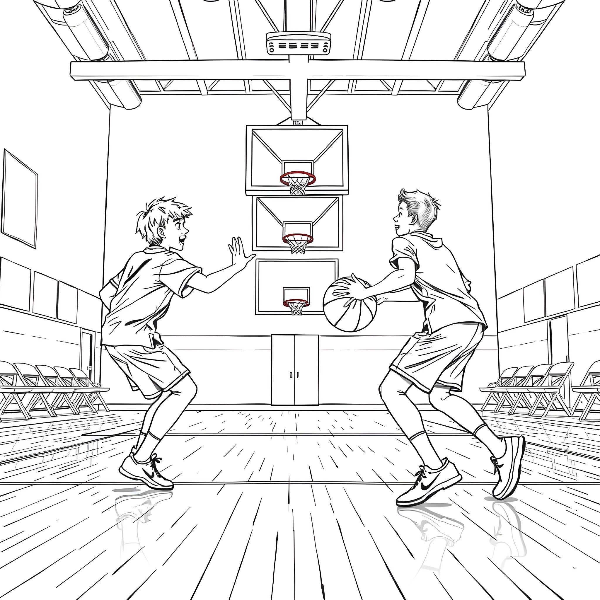 Teen Guys Playing Basketball Indoors Coloring Page (free black-and-white line drawing printable PDF for all, from beginners to advanced learners, including children, teens, adults, and seniors)