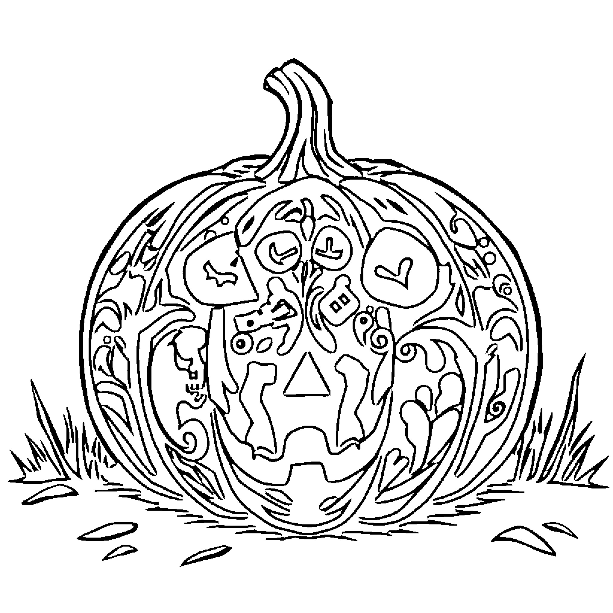 Pumpkin with whimsical carved designs Coloring Page (free black-and-white line drawing printable PDF for all, from beginners to advanced learners, including children, teens, adults, and seniors)