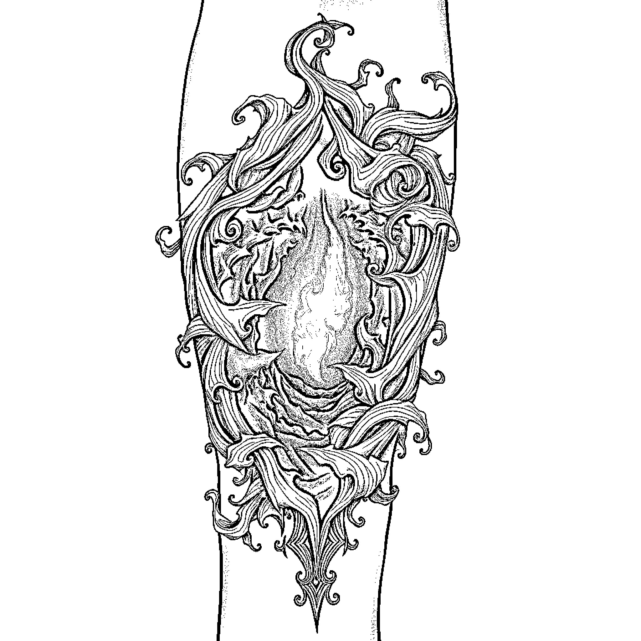 Tattoo of Intricate Floral and Scroll Designs Coloring Page (free black-and-white line drawing printable PDF for all, from beginners to advanced learners, including children, teens, adults, and seniors)