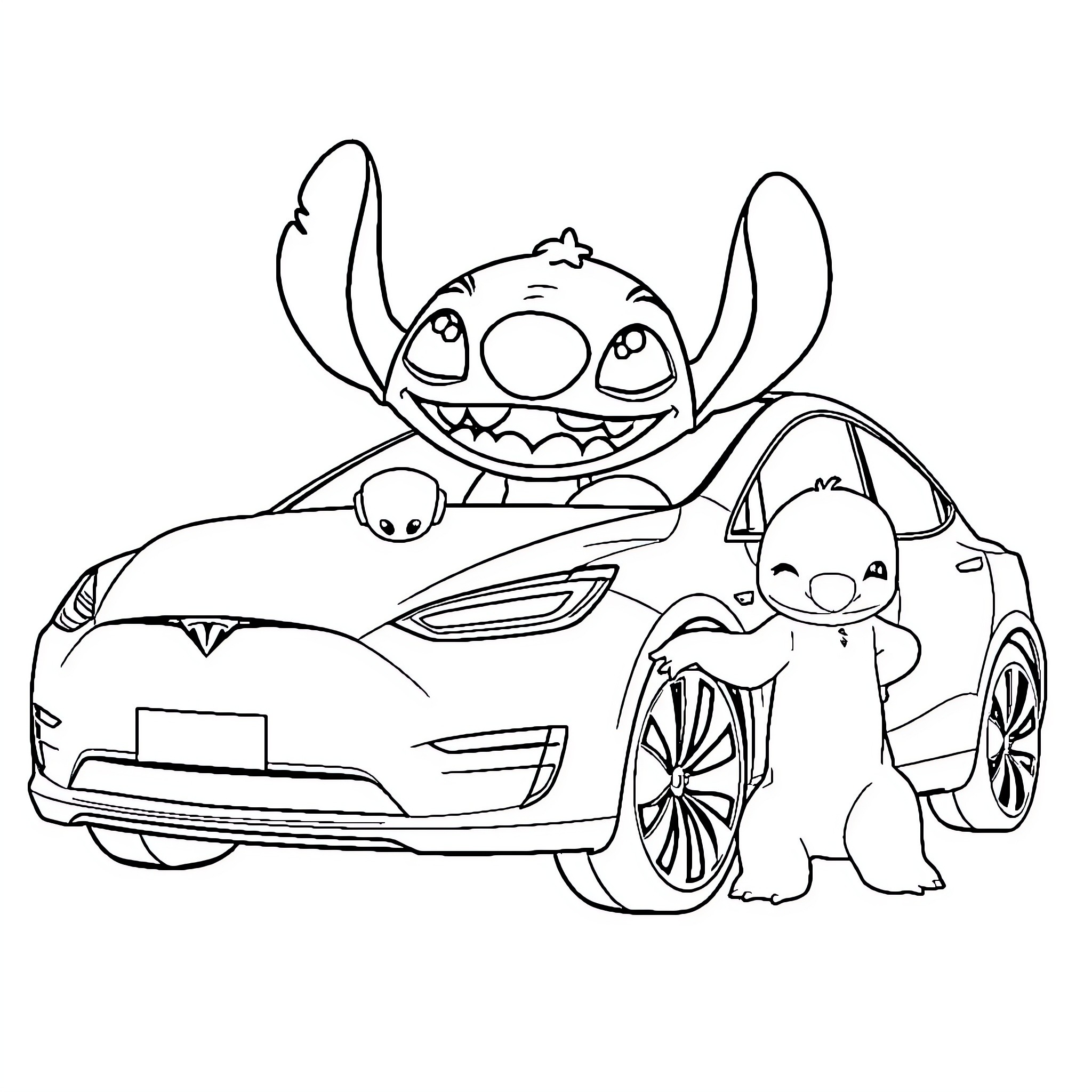 Tesla cartoon characters enjoying a ride Coloring Page (free black-and-white line drawing printable PDF for all, from beginners to advanced learners, including children, teens, adults, and seniors)