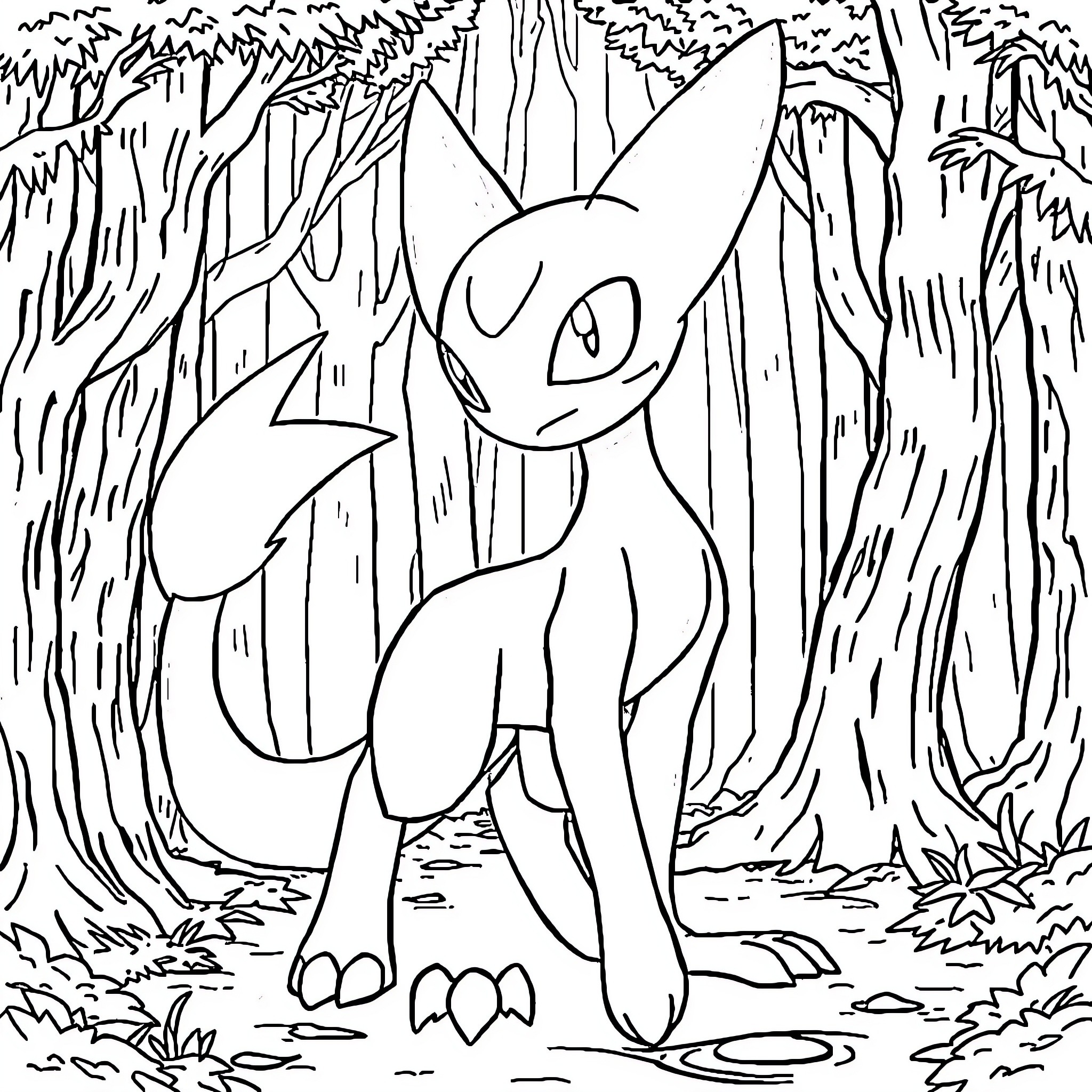 Mewtwo exploring the mysterious forest Coloring Page (free black-and-white line drawing printable PDF for all, from beginners to advanced learners, including children, teens, adults, and seniors)