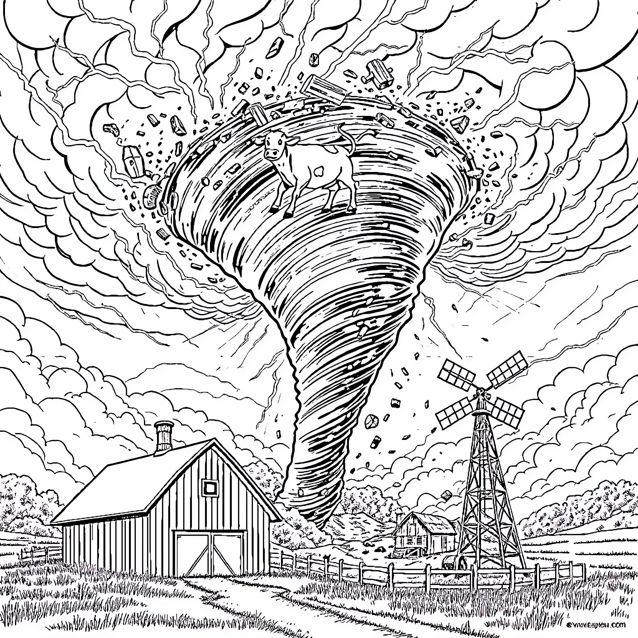 Tornado ravaging a rural landscape Coloring Page (free black-and-white line drawing printable PDF for all, from beginners to advanced learners, including children, teens, adults, and seniors)