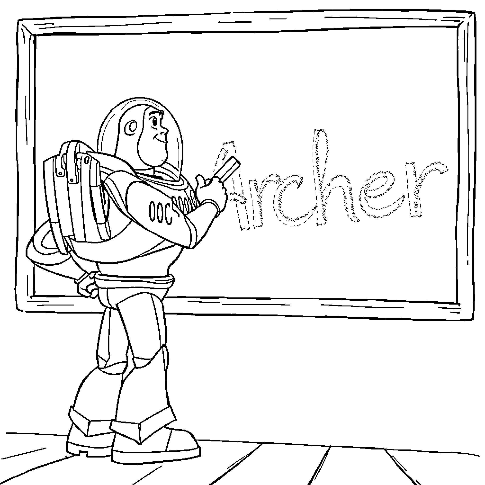 Buzz Lightyear as a teacher writing on a chalkboard Coloring Page (free black-and-white line drawing printable PDF for all, from beginners to advanced learners, including children, teens, adults, and seniors)