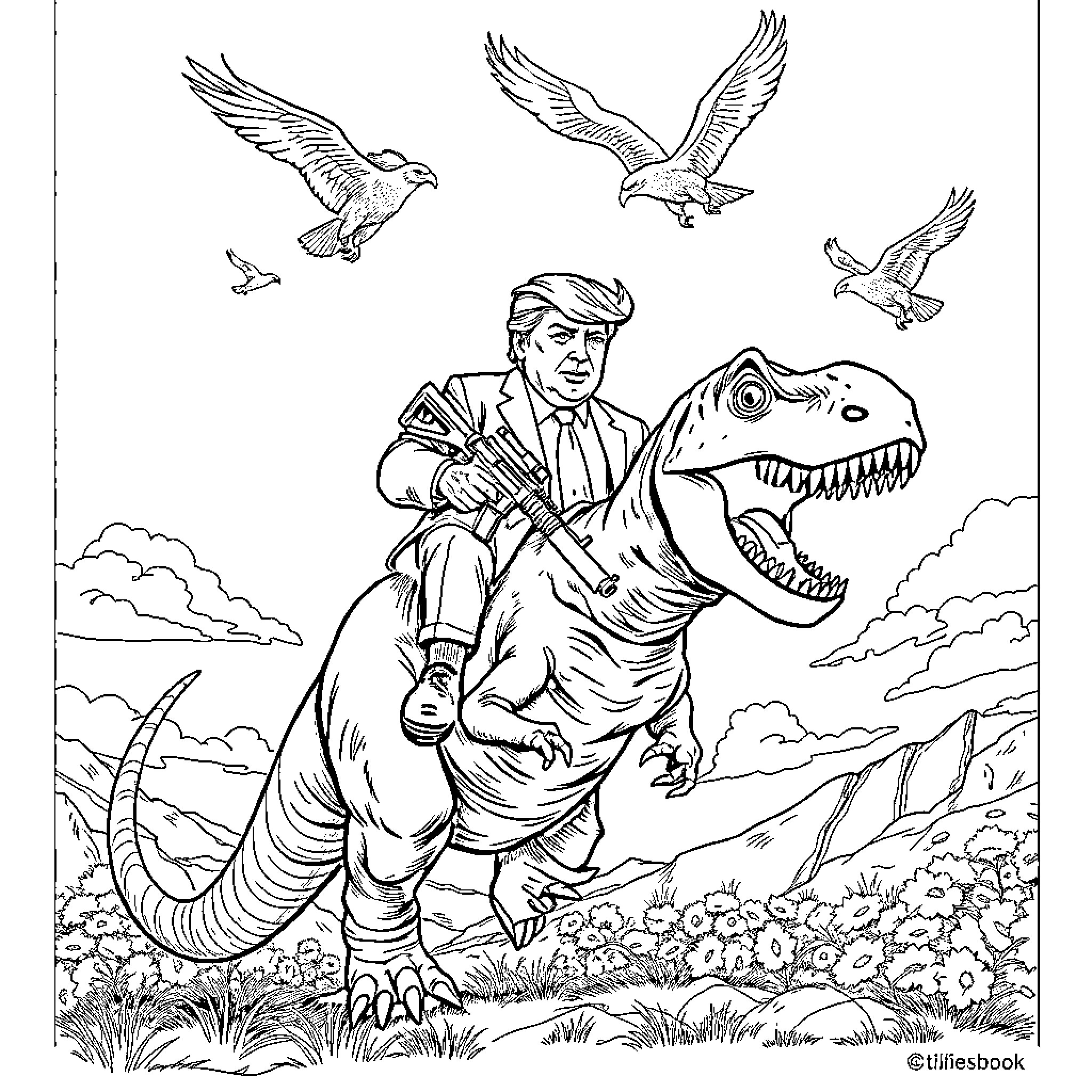 Donald Trump riding a dinosaur among birds in nature Coloring Page (free black-and-white line drawing printable PDF for all, from beginners to advanced learners, including children, teens, adults, and seniors)