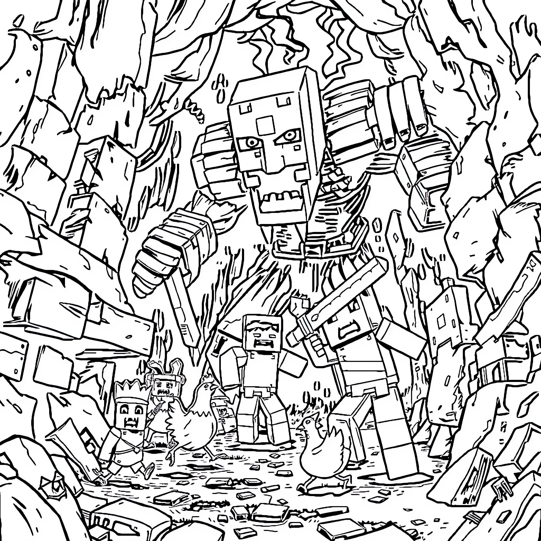 Warden Leads Robotic Squad Through Chaotic Battlefield Coloring Page (free black-and-white line drawing printable PDF for all, from beginners to advanced learners, including children, teens, adults, and seniors)