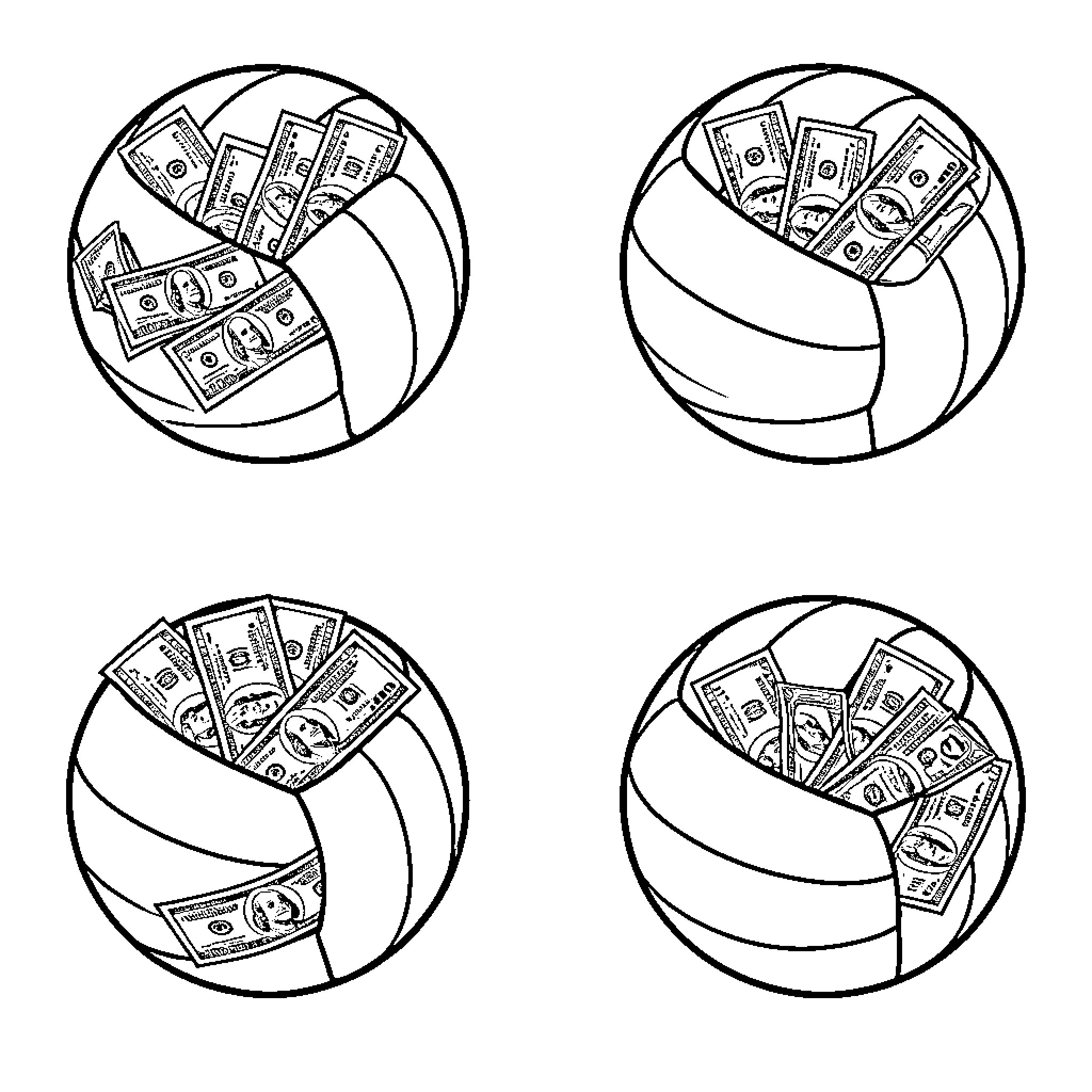 Volleyball with several dollar bills tucked into it Coloring Page (free black-and-white line drawing printable PDF for all, from beginners to advanced learners, including children, teens, adults, and seniors)