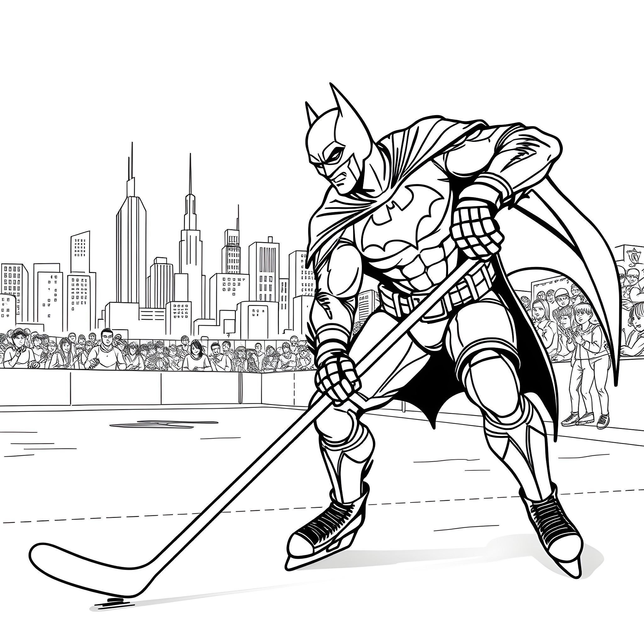 Batman skating through the city streets Coloring Page (free black-and-white line drawing printable PDF for all, from beginners to advanced learners, including children, teens, adults, and seniors)