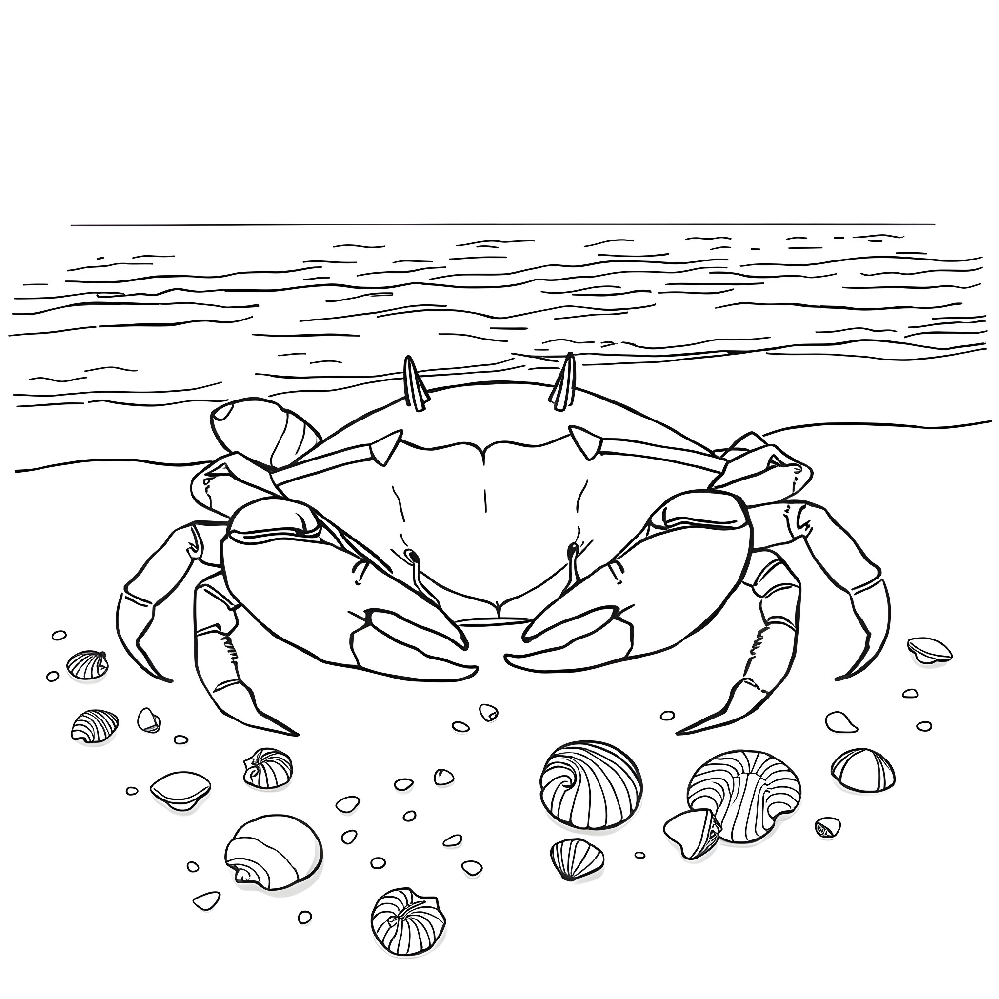 Crab exploring the beach with seashells Coloring Page (free black-and-white line drawing printable PDF for all, from beginners to advanced learners, including children, teens, adults, and seniors)