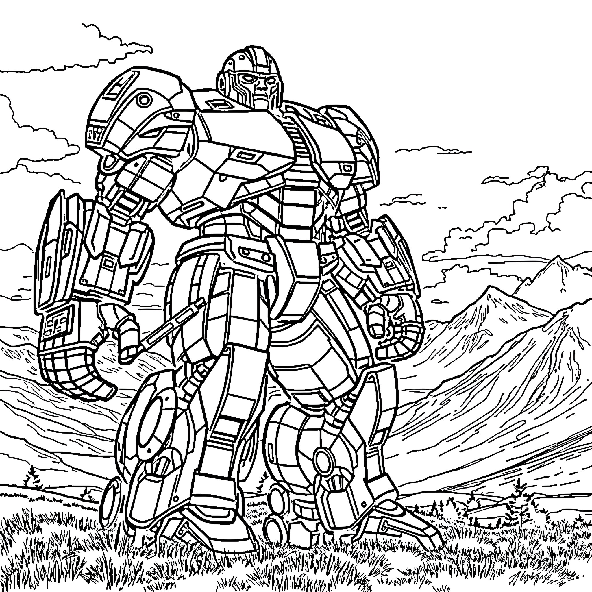 Hulkbuster Mech Towering in the Rugged Landscape Coloring Page (free black-and-white line drawing printable PDF for all, from beginners to advanced learners, including children, teens, adults, and seniors)