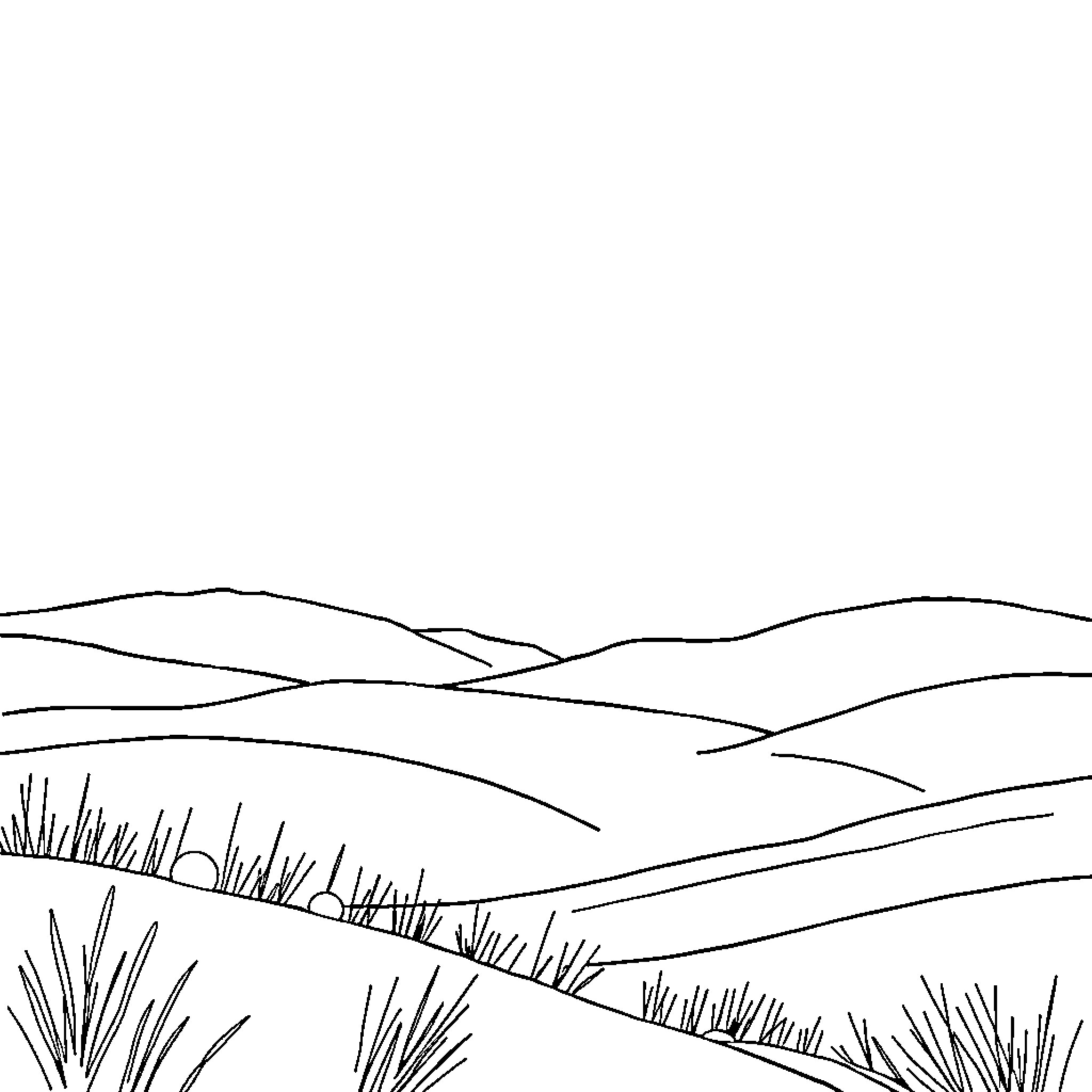 Landscape of rolling hills and grassy fields Coloring Page (free black-and-white line drawing printable PDF for all, from beginners to advanced learners, including children, teens, adults, and seniors)