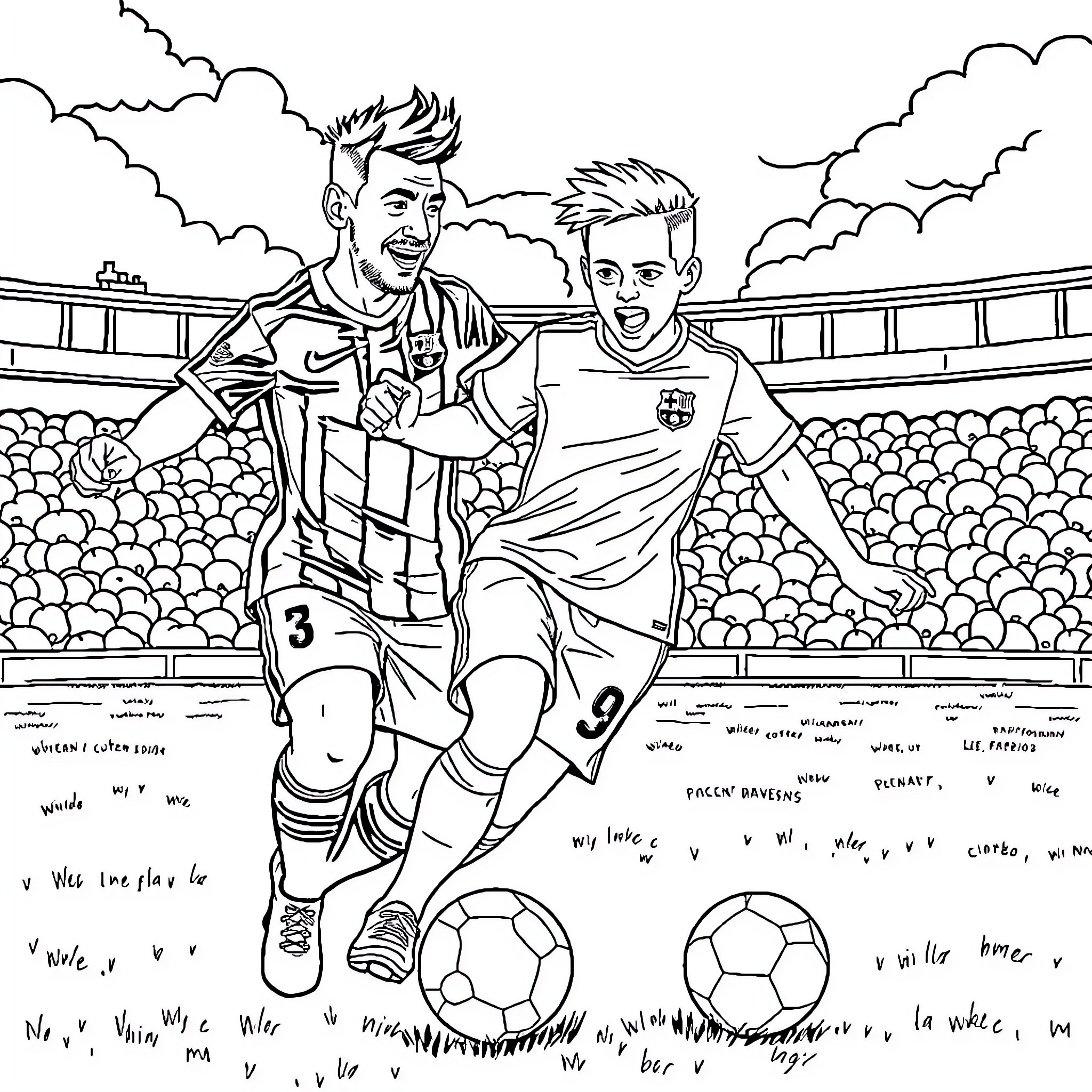 Bart and friend playing soccer enthusiastically in stadium Coloring Page (free black-and-white line drawing printable PDF for all, from beginners to advanced learners, including children, teens, adults, and seniors)