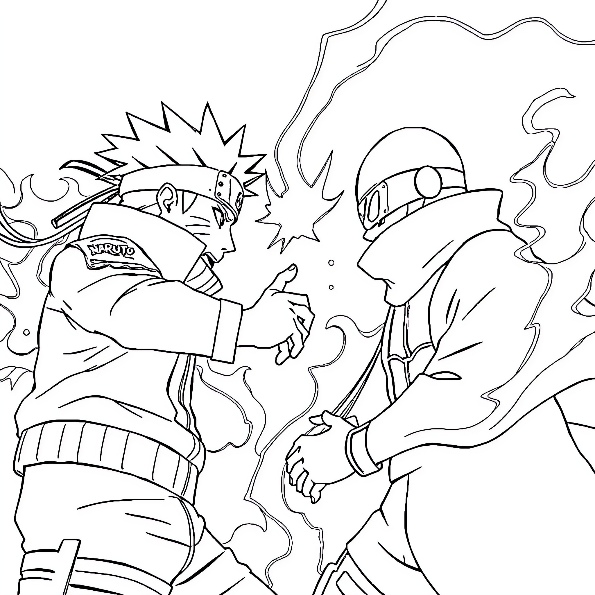 Naruto characters engaged in intense battle Coloring Page (free black-and-white line drawing printable PDF for all, from beginners to advanced learners, including children, teens, adults, and seniors)