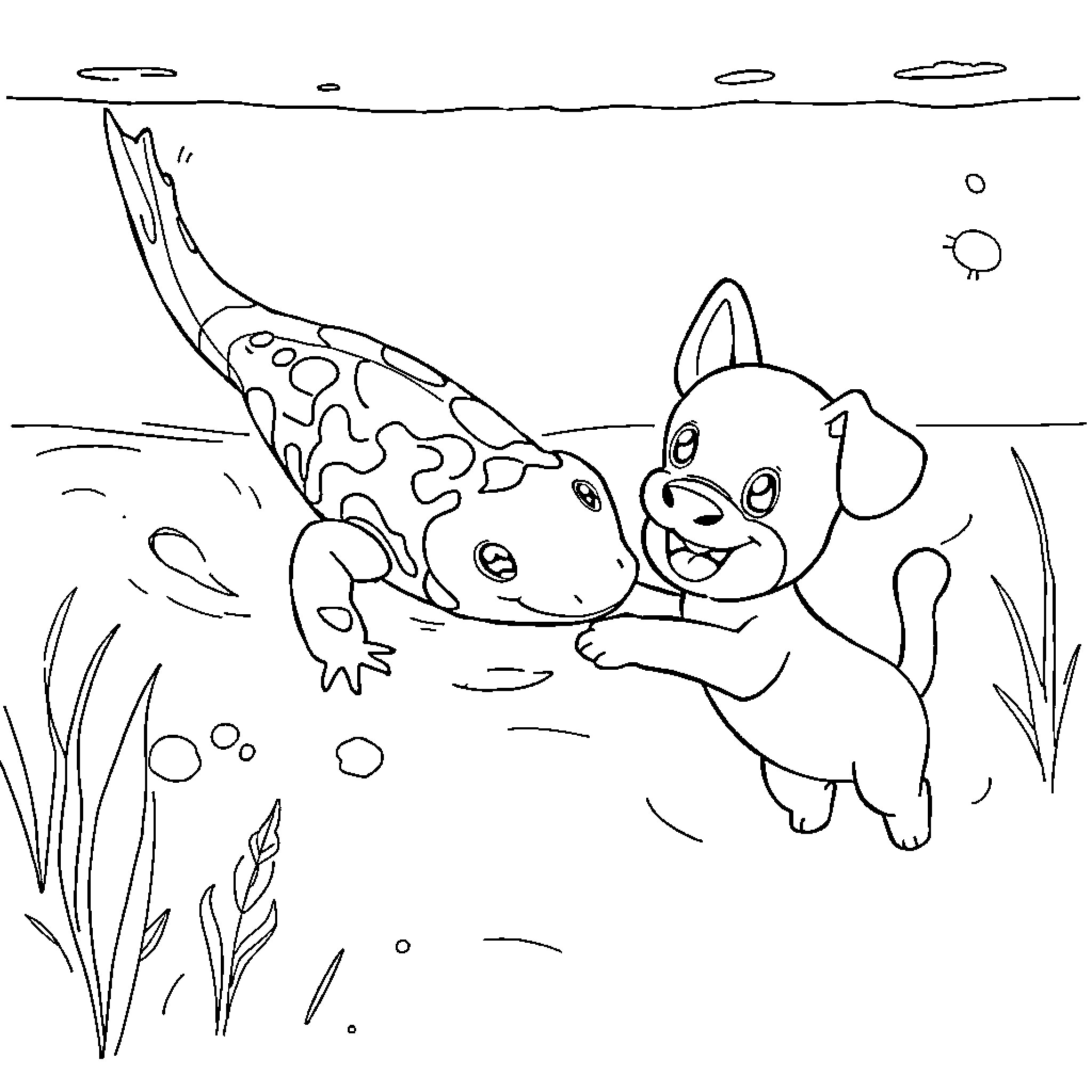Axolotl and puppy playing in the water Coloring Page (free black-and-white line drawing printable PDF for all, from beginners to advanced learners, including children, teens, adults, and seniors)