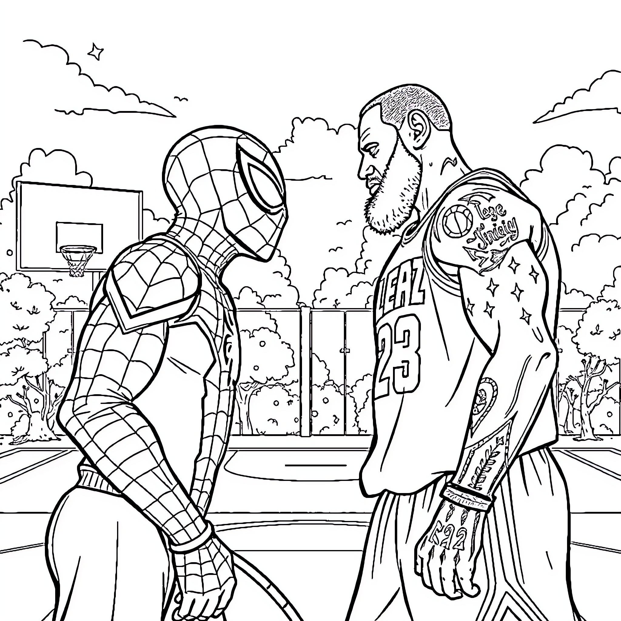 Spiderman confronting a tattooed basketball player Coloring Page (free black-and-white line drawing printable PDF for all, from beginners to advanced learners, including children, teens, adults, and seniors)