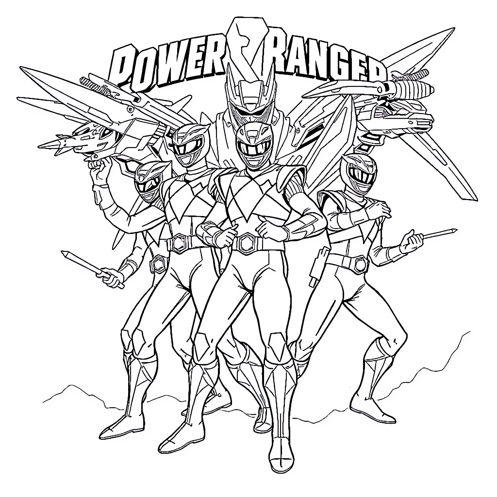 Power Rangers in Battle Stance Coloring Page (free black-and-white line drawing printable PDF for all, from beginners to advanced learners, including children, teens, adults, and seniors)