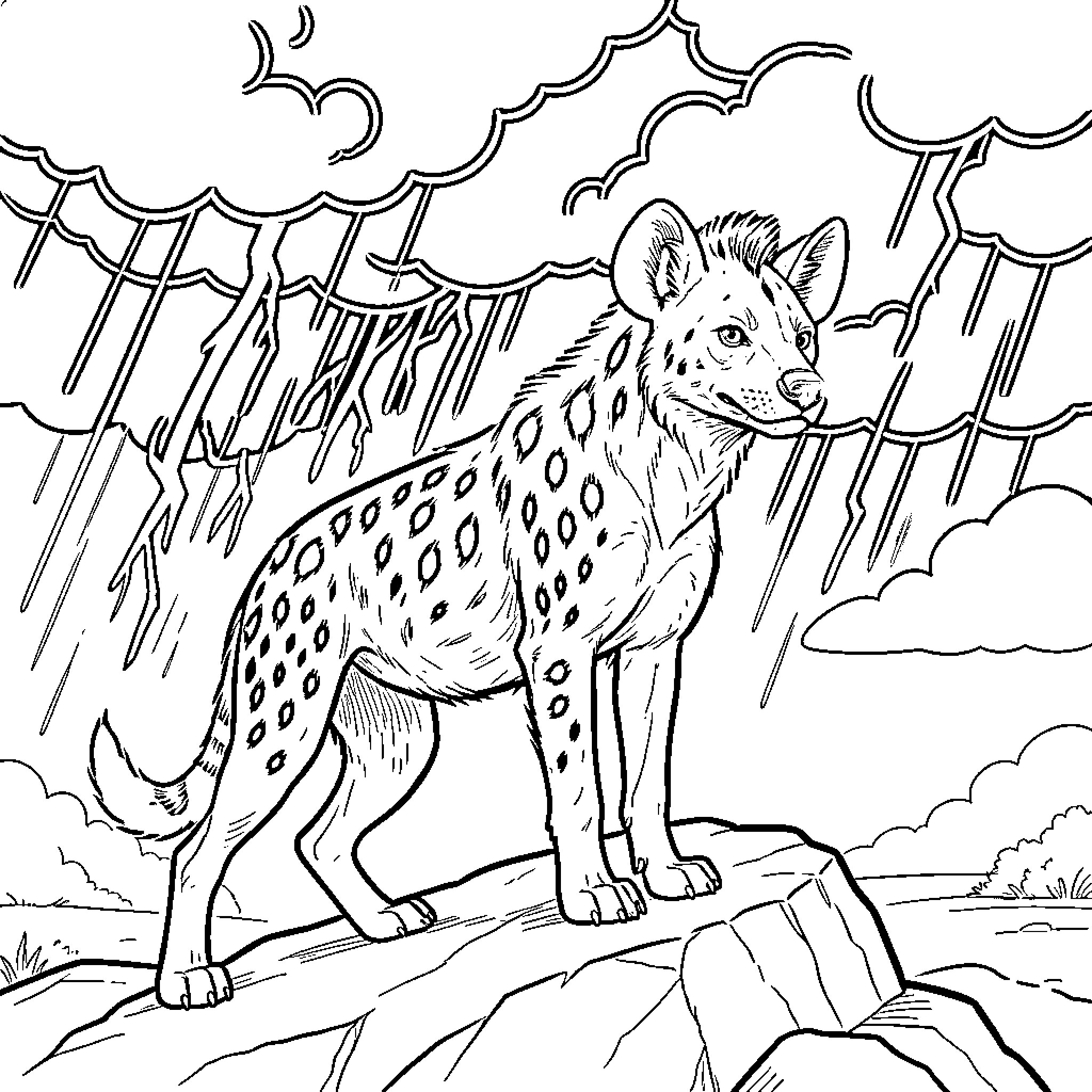 Hyena standing alert on a rock during a storm Coloring Page (free black-and-white line drawing printable PDF for all, from beginners to advanced learners, including children, teens, adults, and seniors)