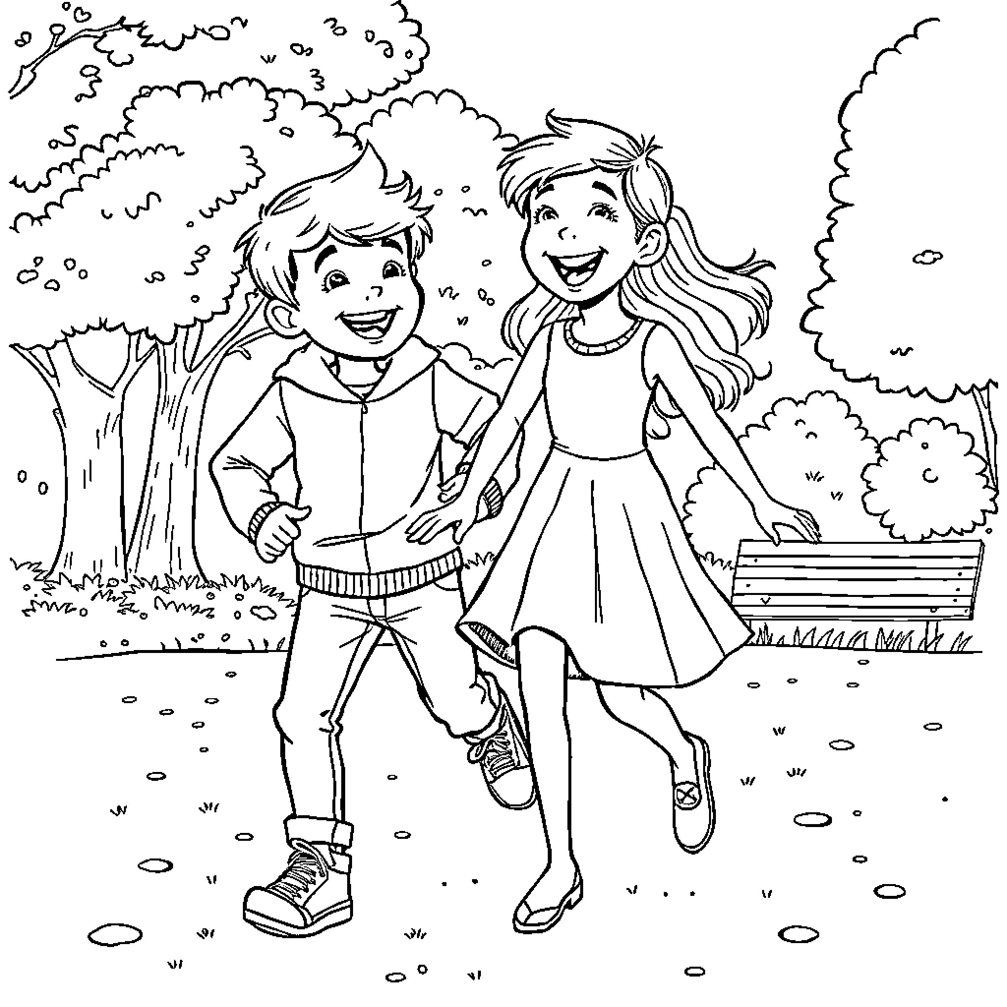 Boy and girl playing happily in the park Coloring Page (free black-and-white line drawing printable PDF for all, from beginners to advanced learners, including children, teens, adults, and seniors)