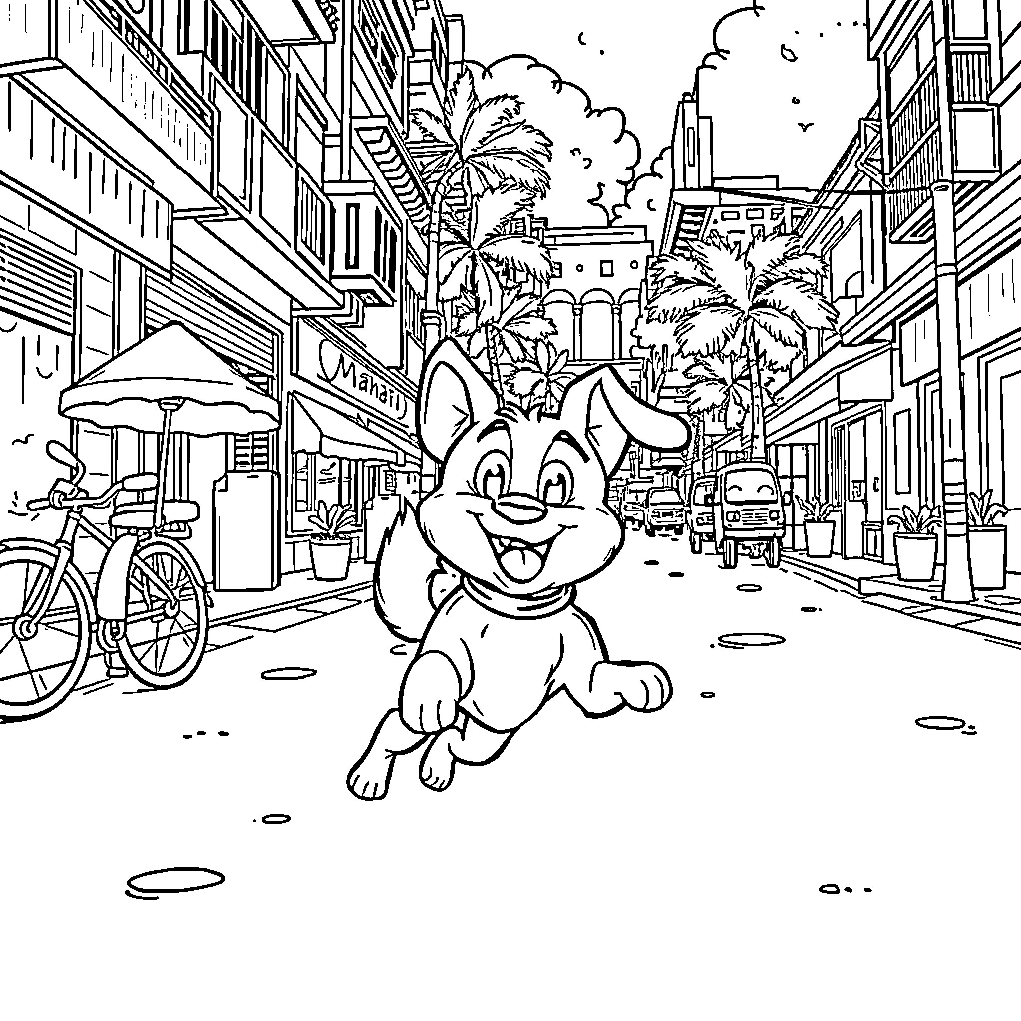Bluey Explores the Lively City Street Coloring Page (free black-and-white line drawing printable PDF for all, from beginners to advanced learners, including children, teens, adults, and seniors)