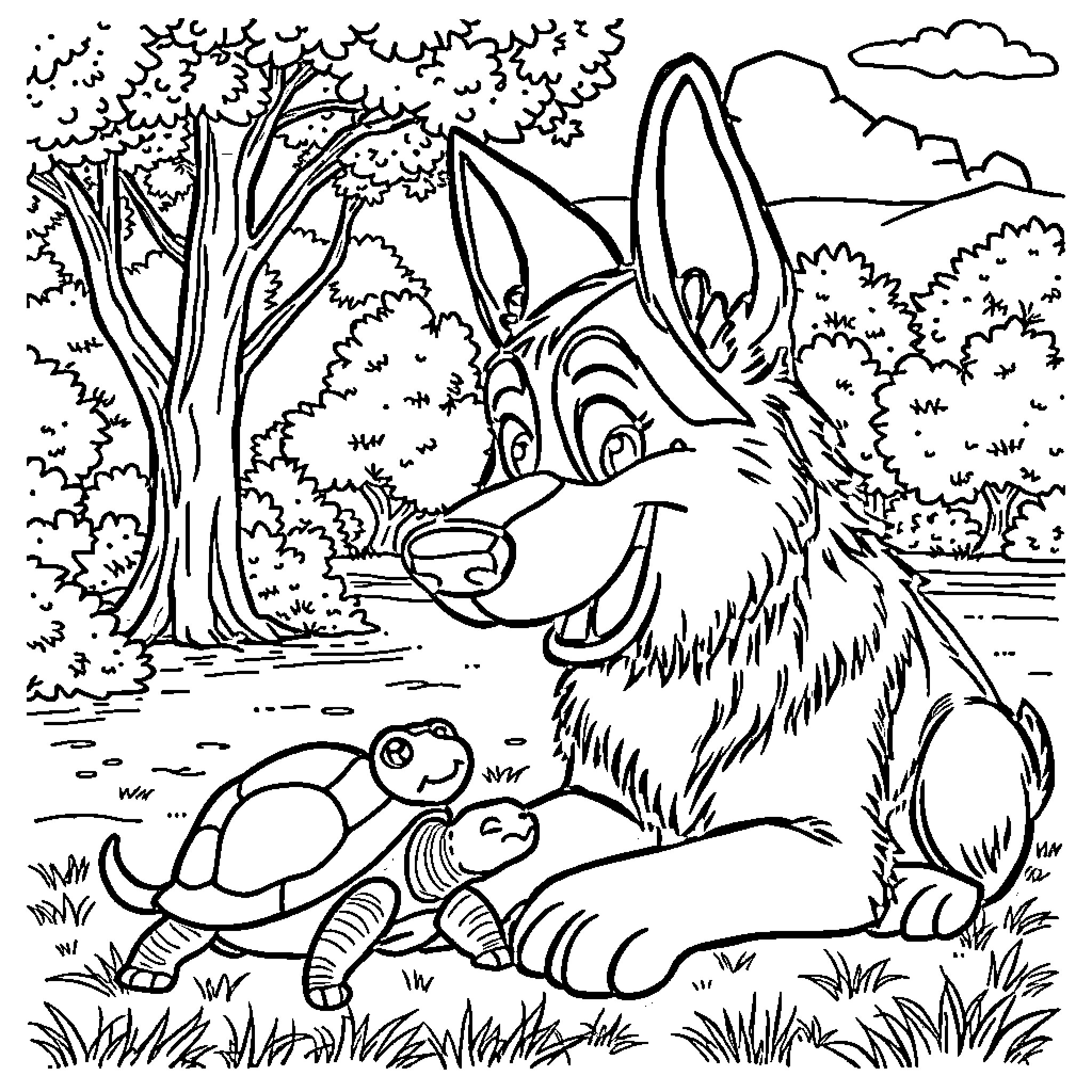 German Shepherd Observing Wildlife in the Outdoors Coloring Page (free black-and-white line drawing printable PDF for all, from beginners to advanced learners, including children, teens, adults, and seniors)