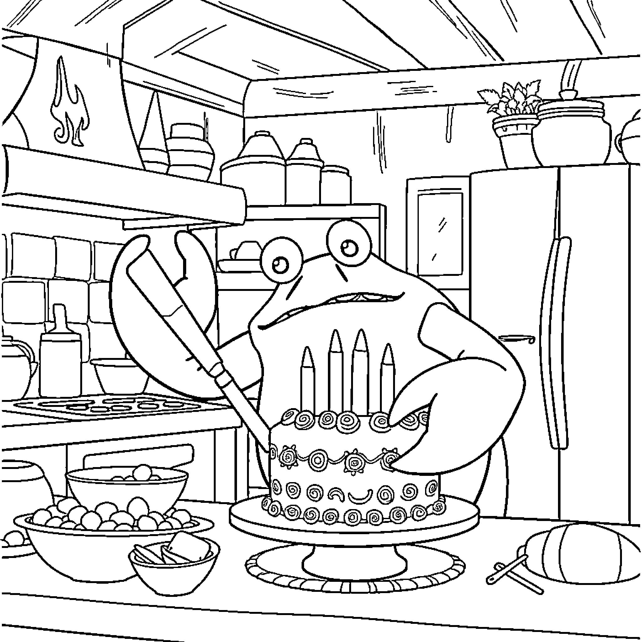 Tamatoa's Treasured Treats: A Crab's Culinary Creations Coloring Page (free black-and-white line drawing printable PDF for all, from beginners to advanced learners, including children, teens, adults, and seniors)