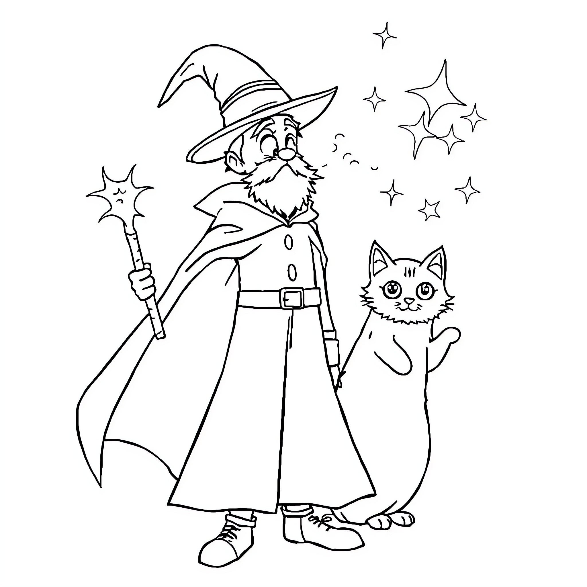 Magician casting spells with a mischievous cat Coloring Page (free black-and-white line drawing printable PDF for all, from beginners to advanced learners, including children, teens, adults, and seniors)