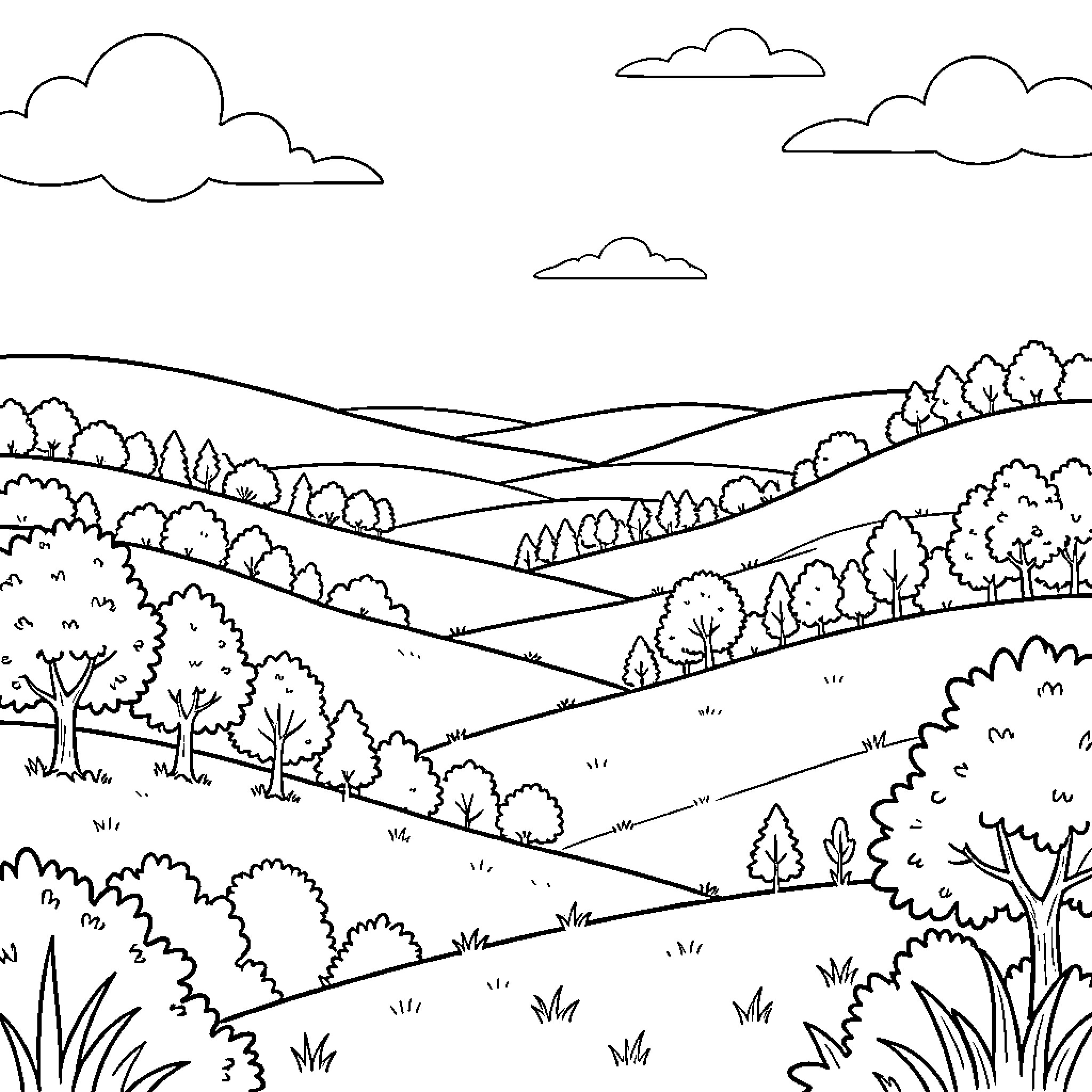 Landscape of rolling hills with trees and clouds Coloring Page (free black-and-white line drawing printable PDF for all, from beginners to advanced learners, including children, teens, adults, and seniors)