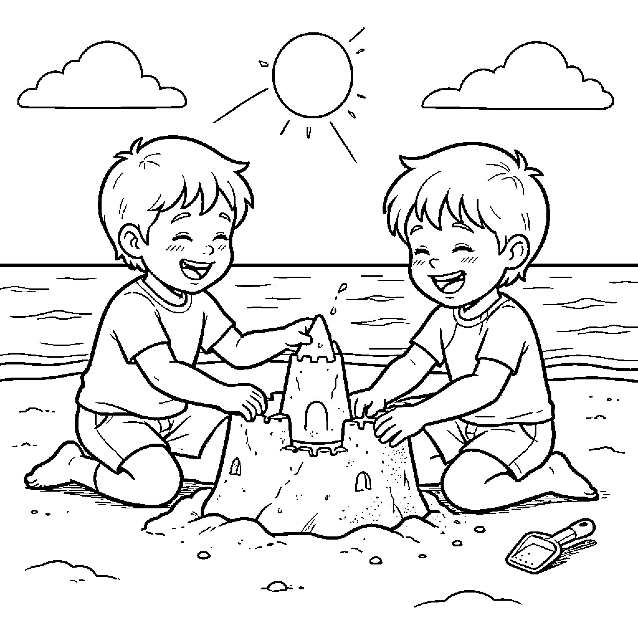 Child building a sandcastle together on the beach Coloring Page (free black-and-white line drawing printable PDF for all, from beginners to advanced learners, including children, teens, adults, and seniors)