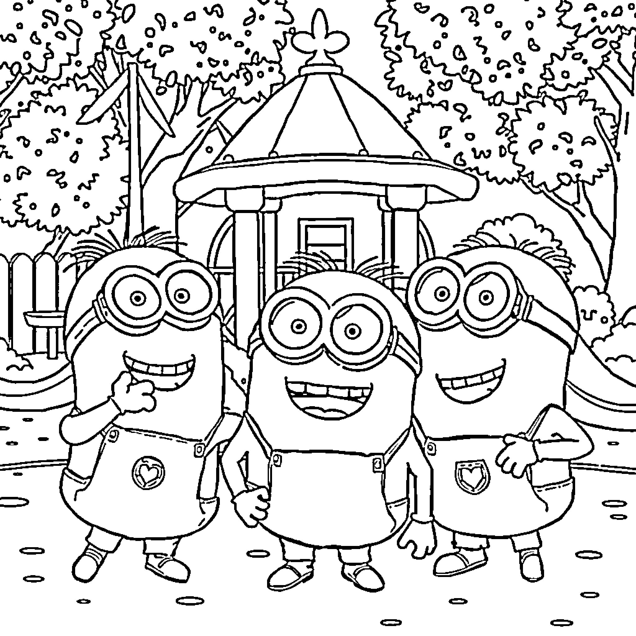 Minions enjoying a day in the park Coloring Page (free black-and-white line drawing printable PDF for all, from beginners to advanced learners, including children, teens, adults, and seniors)