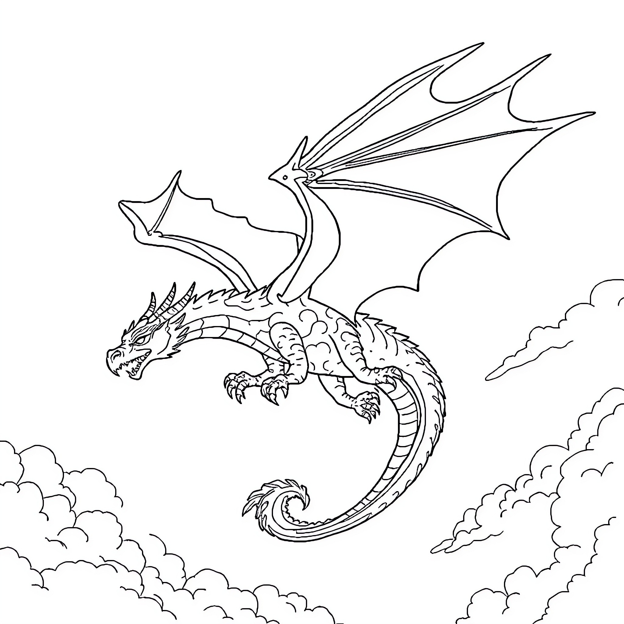 Dragon soaring through the cloudy skies Coloring Page (free black-and-white line drawing printable PDF for all, from beginners to advanced learners, including children, teens, adults, and seniors)