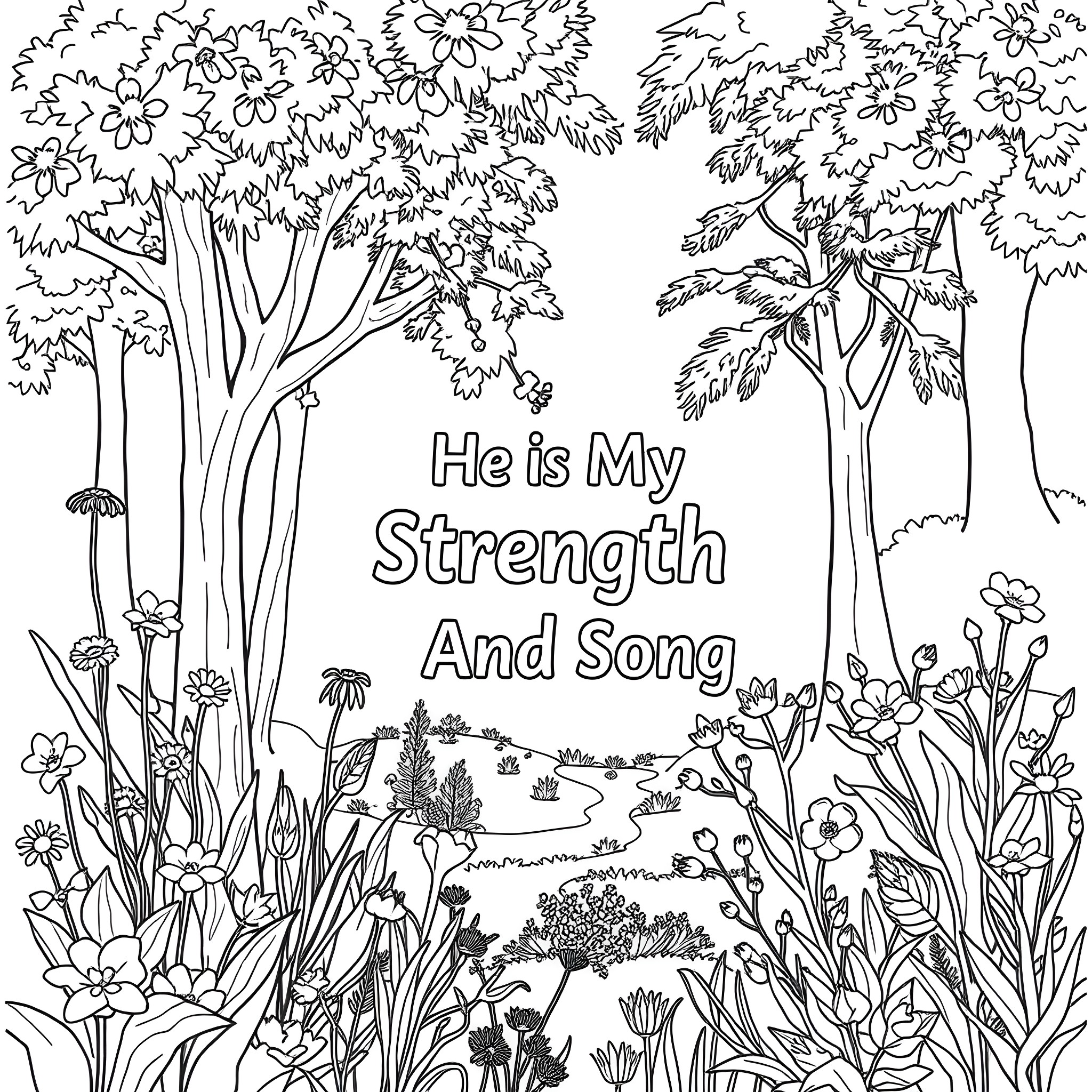 Garden filled with diverse flora and inspiring quote Coloring Page (free black-and-white line drawing printable PDF for all, from beginners to advanced learners, including children, teens, adults, and seniors)