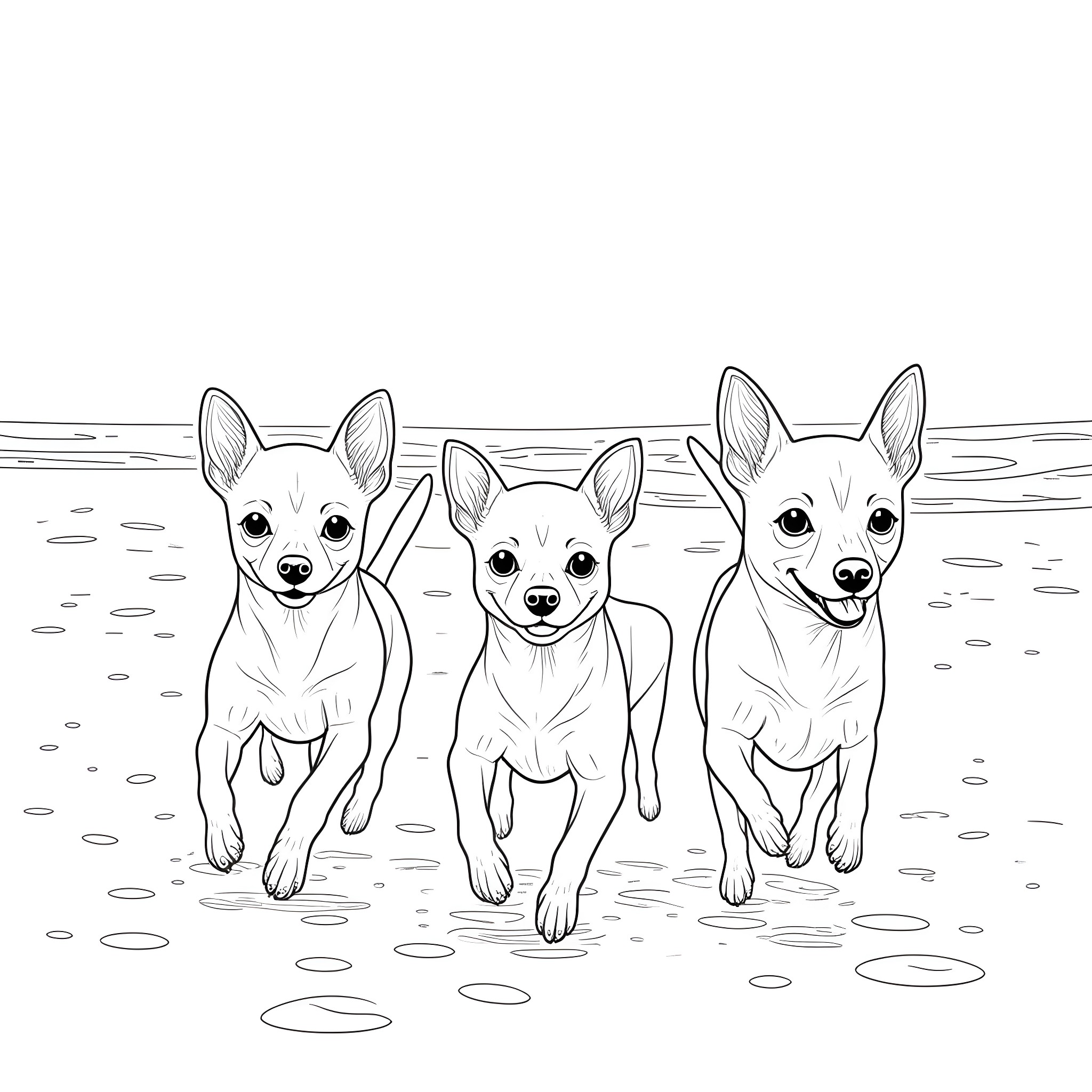 Chihuahuas running joyfully through the sand Coloring Page (free black-and-white line drawing printable PDF for all, from beginners to advanced learners, including children, teens, adults, and seniors)
