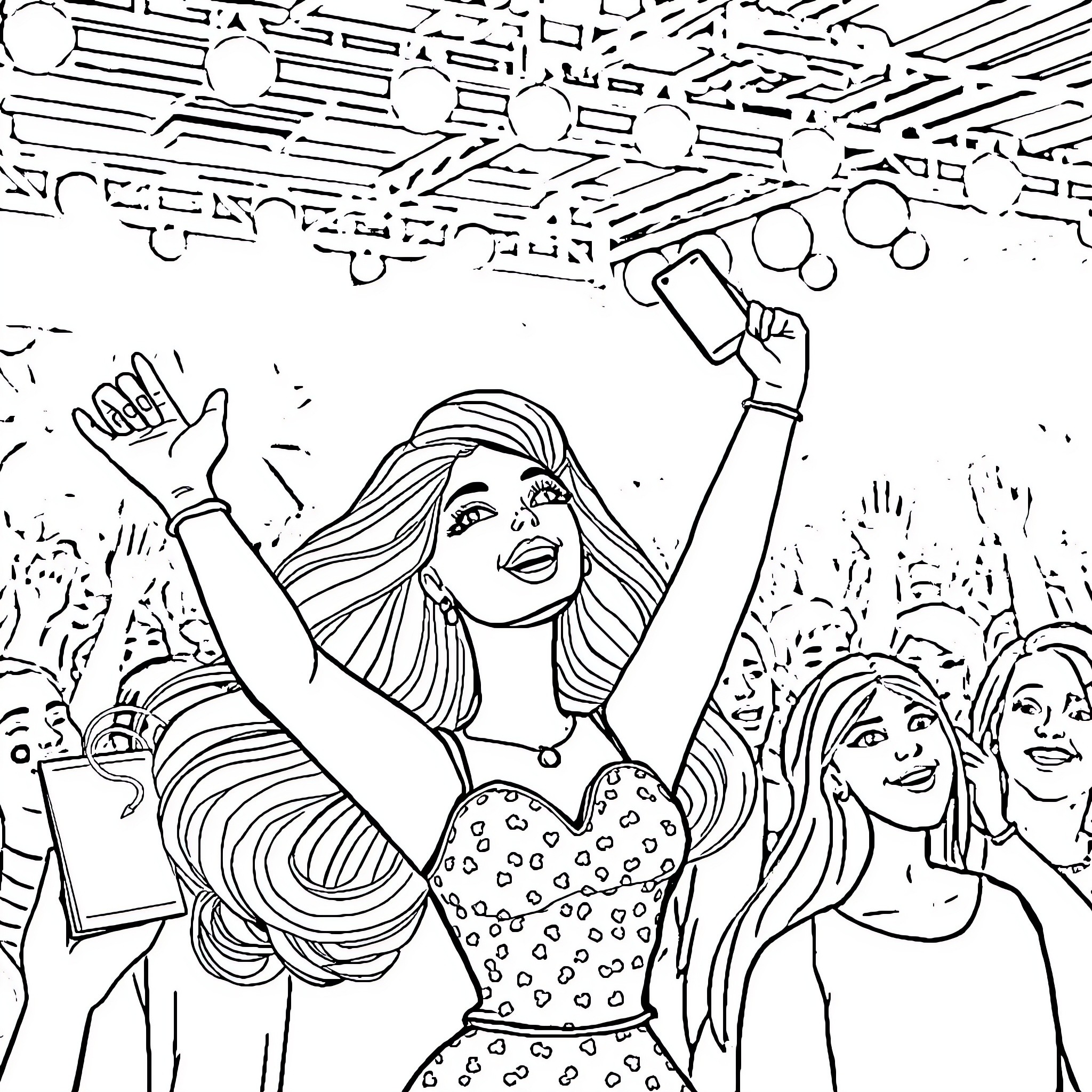 Barbie Dancing Joyfully at a Lively Event Coloring Page (free black-and-white line drawing printable PDF for all, from beginners to advanced learners, including children, teens, adults, and seniors)
