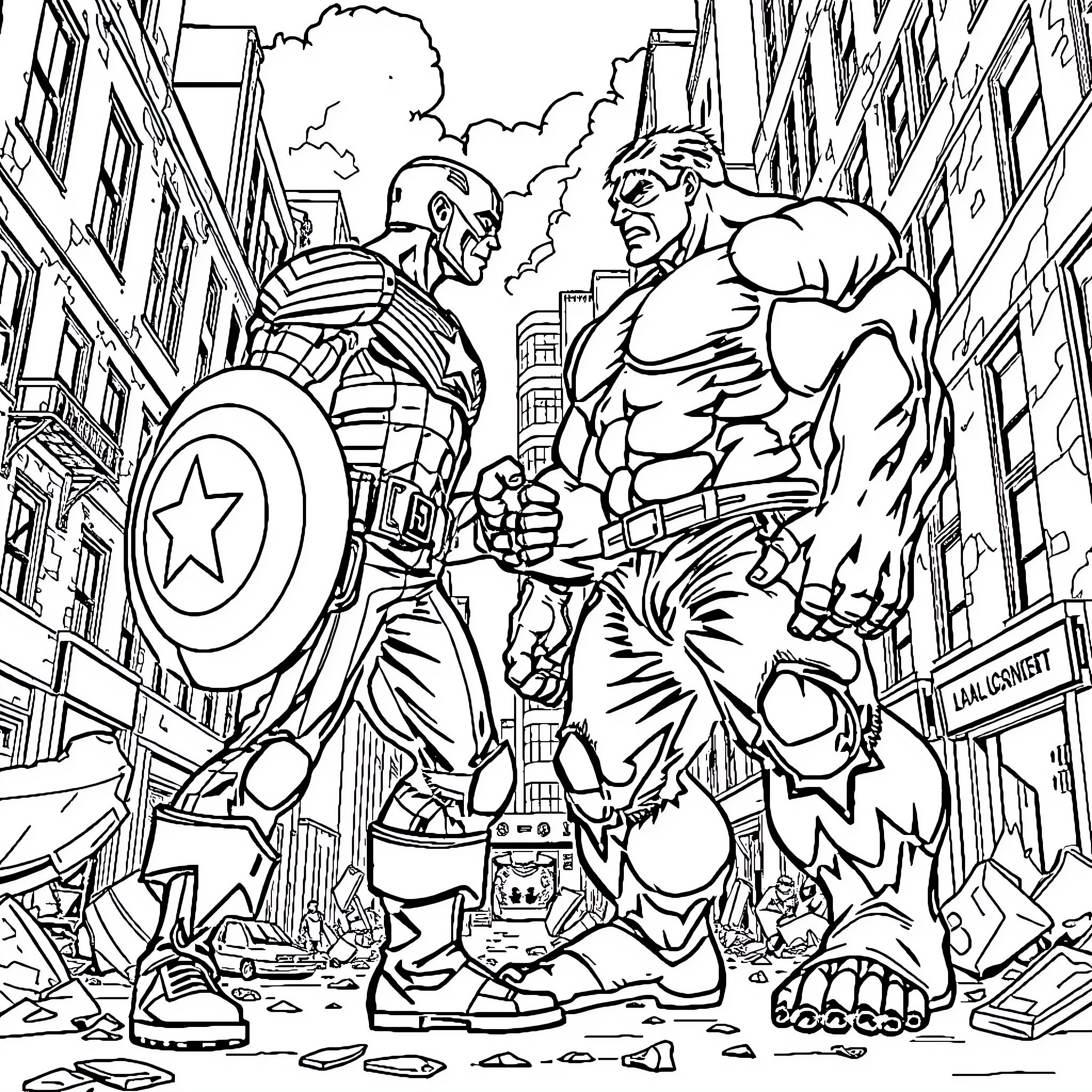 Captain America Facing Off Against Hulk in Epic Confrontation Coloring Page (free black-and-white line drawing printable PDF for all, from beginners to advanced learners, including children, teens, adults, and seniors)