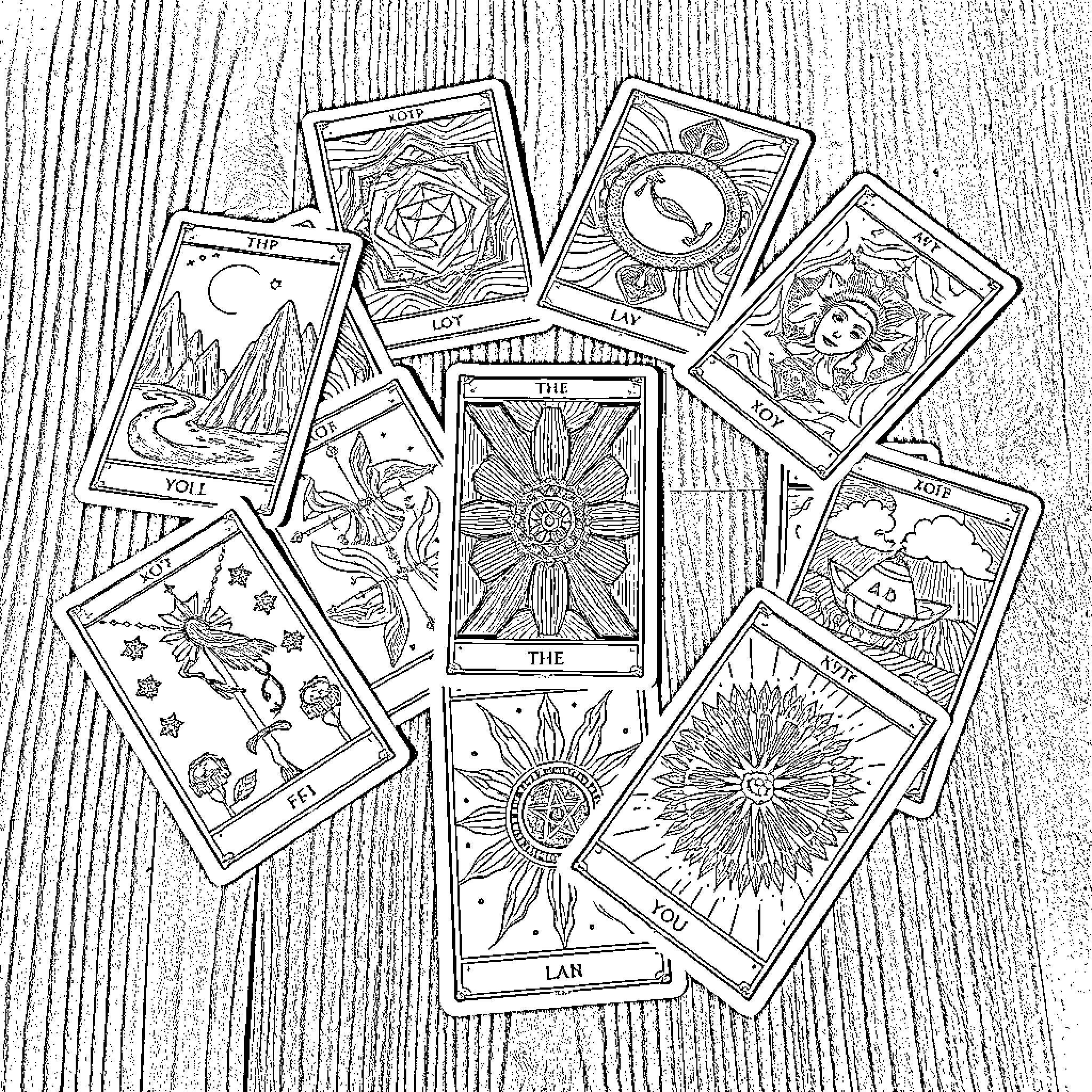 Tarot Card Deck of Mystical Symbols and Imagery Coloring Page (free black-and-white line drawing printable PDF for all, from beginners to advanced learners, including children, teens, adults, and seniors)