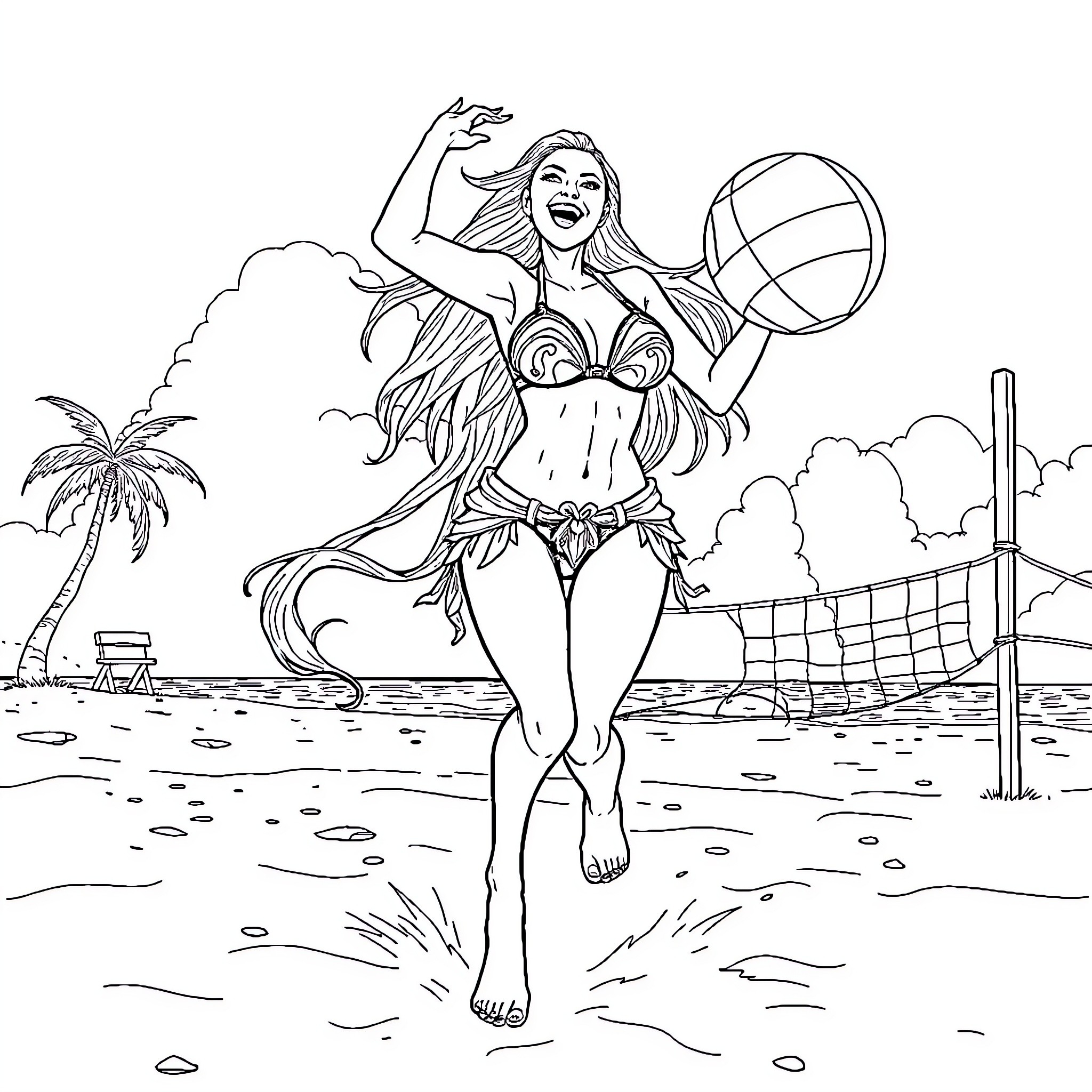 Sylvanas enjoying beachside volleyball game Coloring Page (free black-and-white line drawing printable PDF for all, from beginners to advanced learners, including children, teens, adults, and seniors)