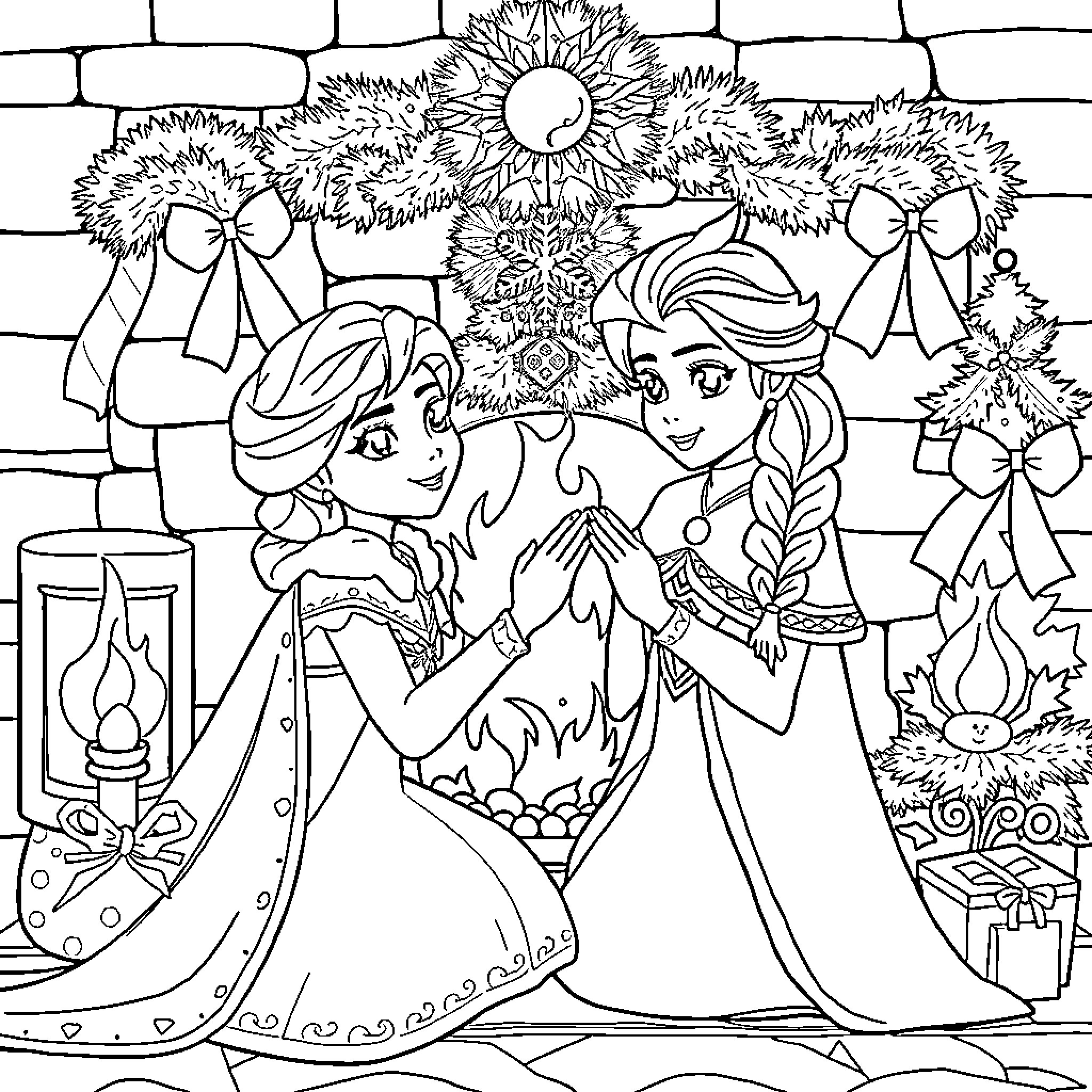 Elsa and Anna in Winter Wonderland Coloring Page (free black-and-white line drawing printable PDF for all, from beginners to advanced learners, including children, teens, adults, and seniors)