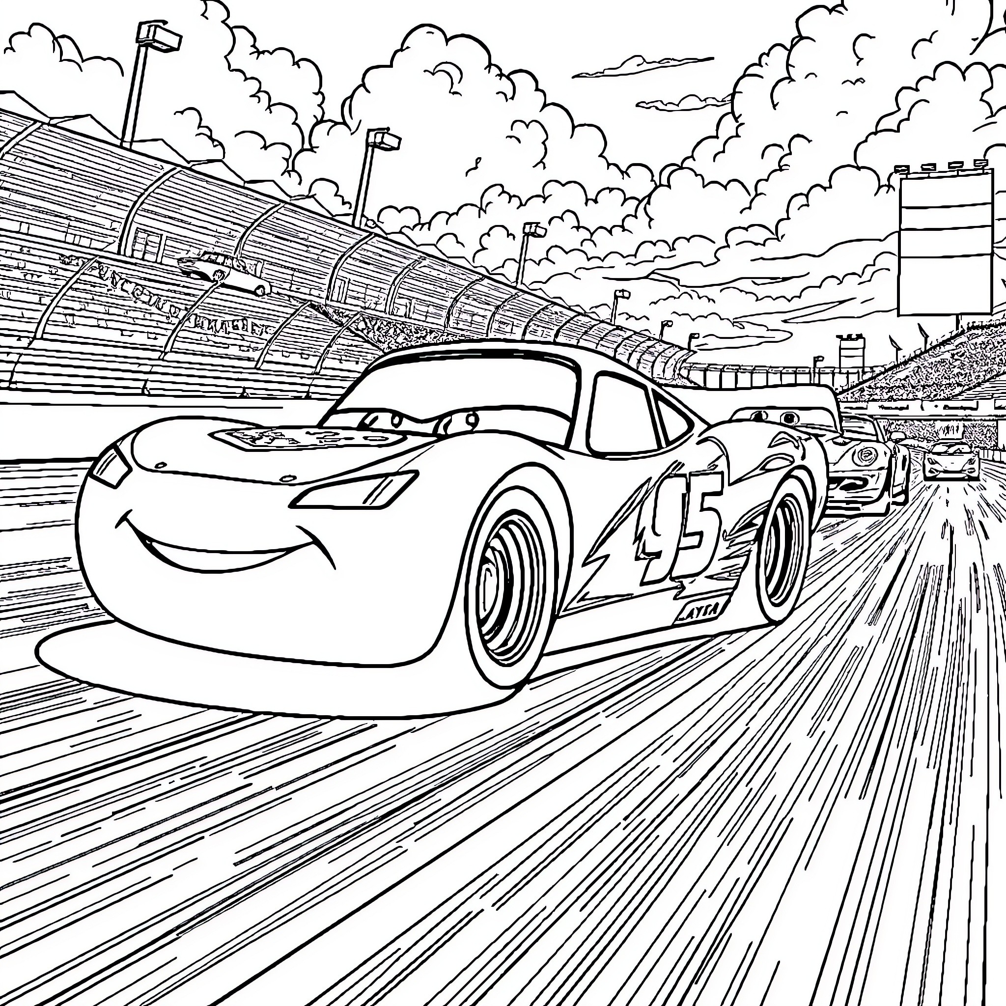 Lightning McQueen Speeding Through the Racetrack Coloring Page (free black-and-white line drawing printable PDF for all, from beginners to advanced learners, including children, teens, adults, and seniors)
