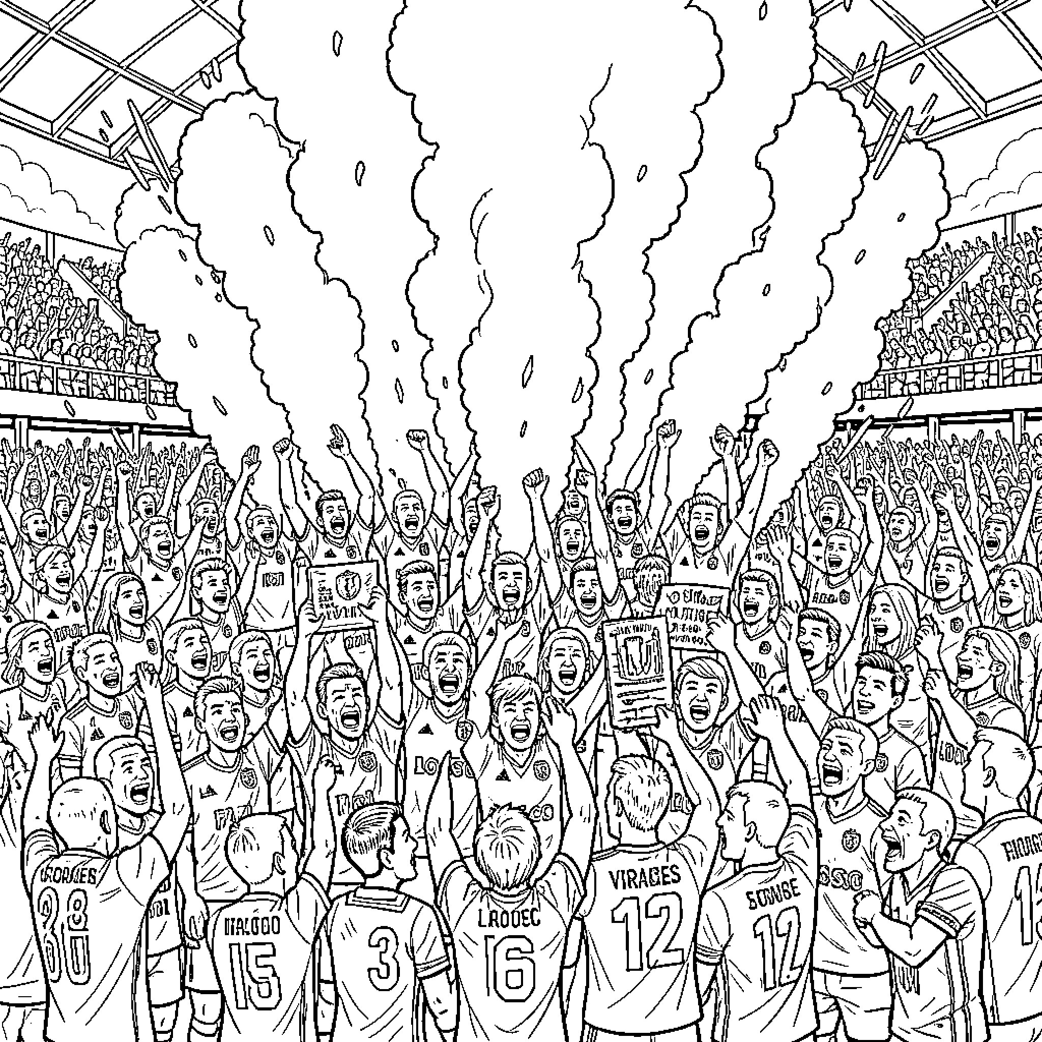 Dogue fans cheering wildly in a stadium crowd Coloring Page (free black-and-white line drawing printable PDF for all, from beginners to advanced learners, including children, teens, adults, and seniors)