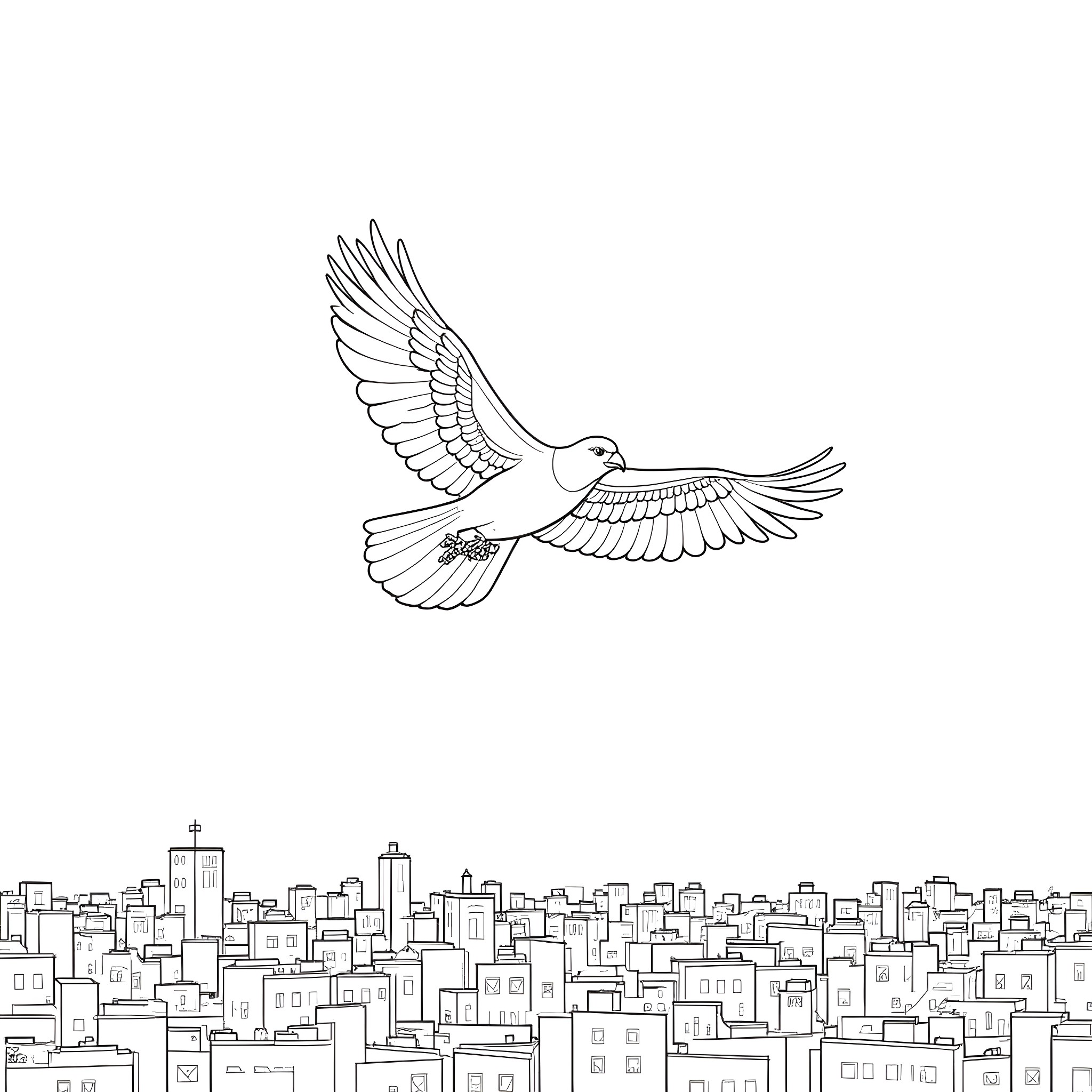 Bird Soaring Over the City Skyline Coloring Page (free black-and-white line drawing printable PDF for all, from beginners to advanced learners, including children, teens, adults, and seniors)