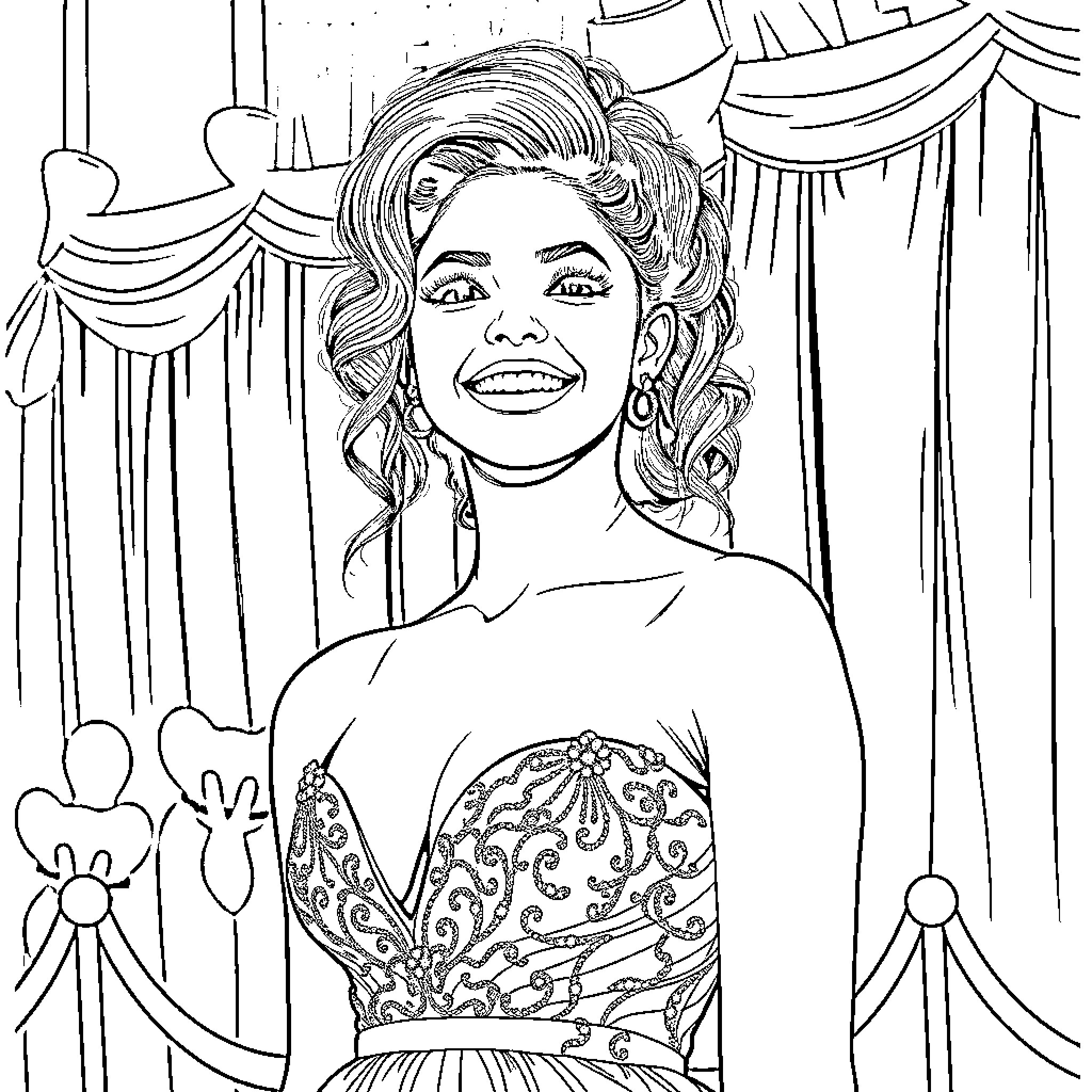 Zendaya in a Sparkling Strapless Gown on Stage Coloring Page (free black-and-white line drawing printable PDF for all, from beginners to advanced learners, including children, teens, adults, and seniors)