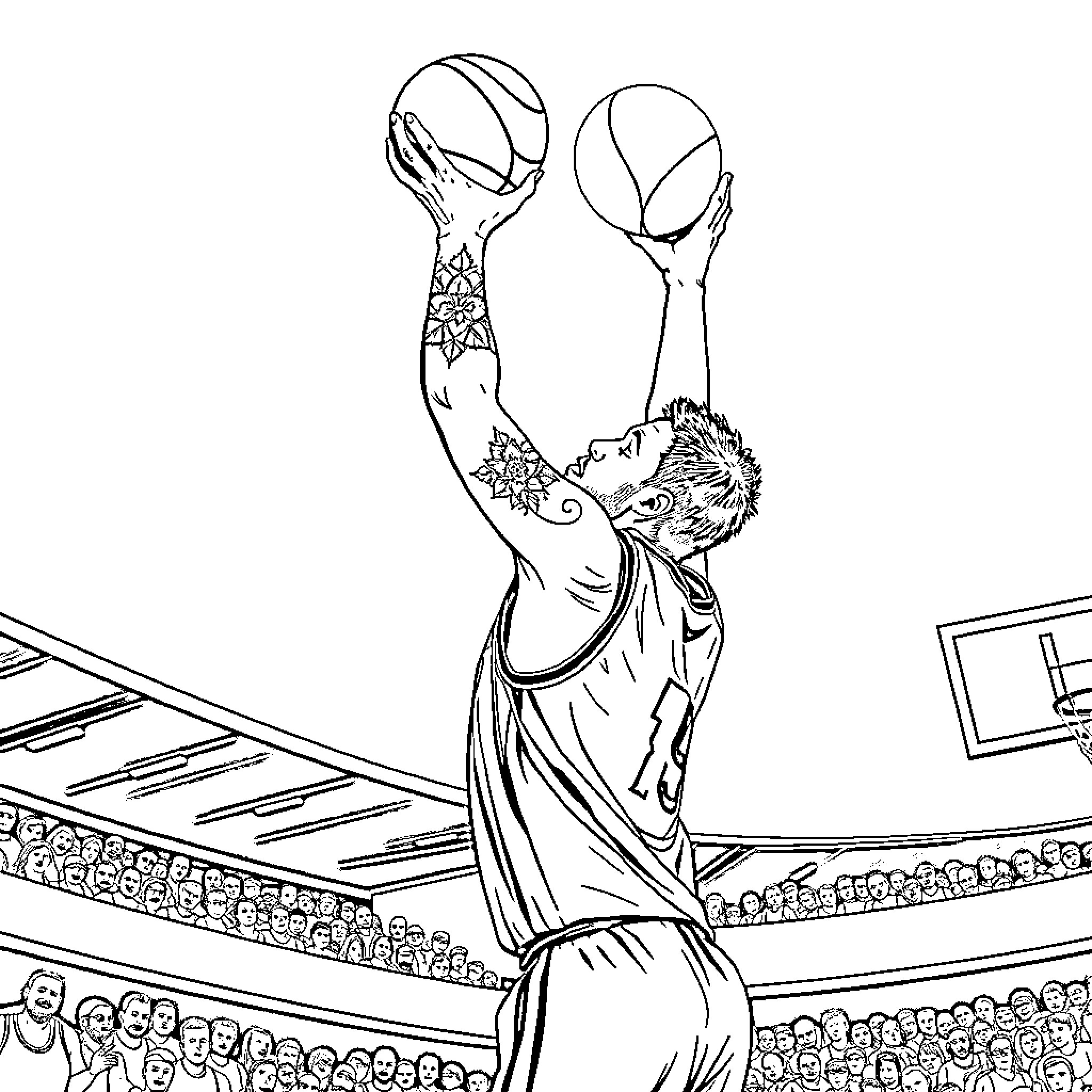 Basketteur shooting hoops on court Coloring Page (free black-and-white line drawing printable PDF for all, from beginners to advanced learners, including children, teens, adults, and seniors)