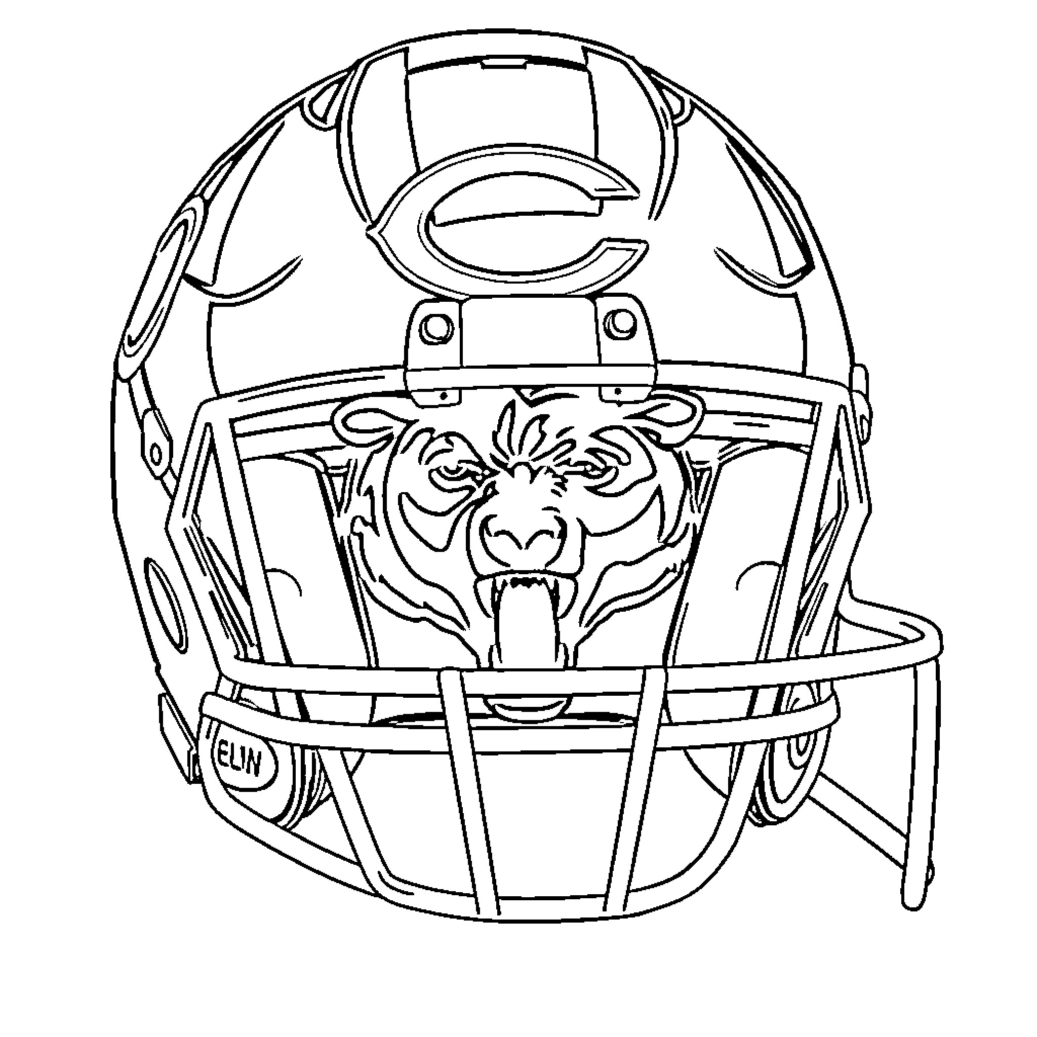 Football Helmet with Fierce Tiger Graphic Coloring Page (free black-and-white line drawing printable PDF for all, from beginners to advanced learners, including children, teens, adults, and seniors)