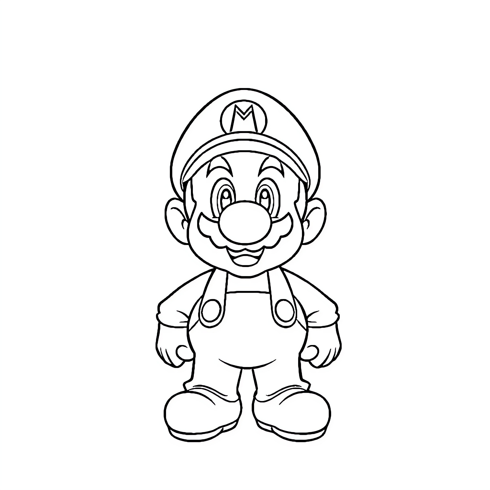 Super Mario Cheerful Plumber in Iconic Outfit Coloring Page (free black-and-white line drawing printable PDF for all, from beginners to advanced learners, including children, teens, adults, and seniors)