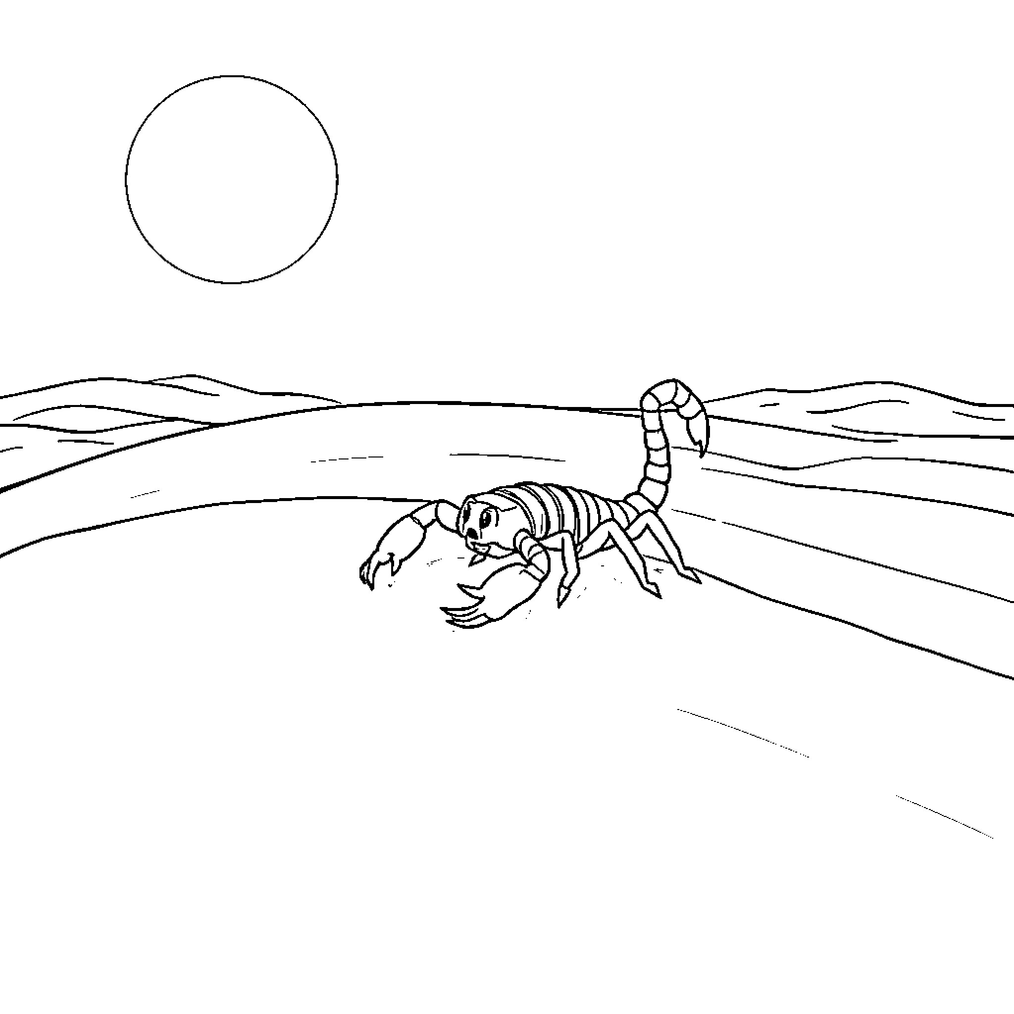 Scorpion crawling across the desert landscape Coloring Page (free black-and-white line drawing printable PDF for all, from beginners to advanced learners, including children, teens, adults, and seniors)