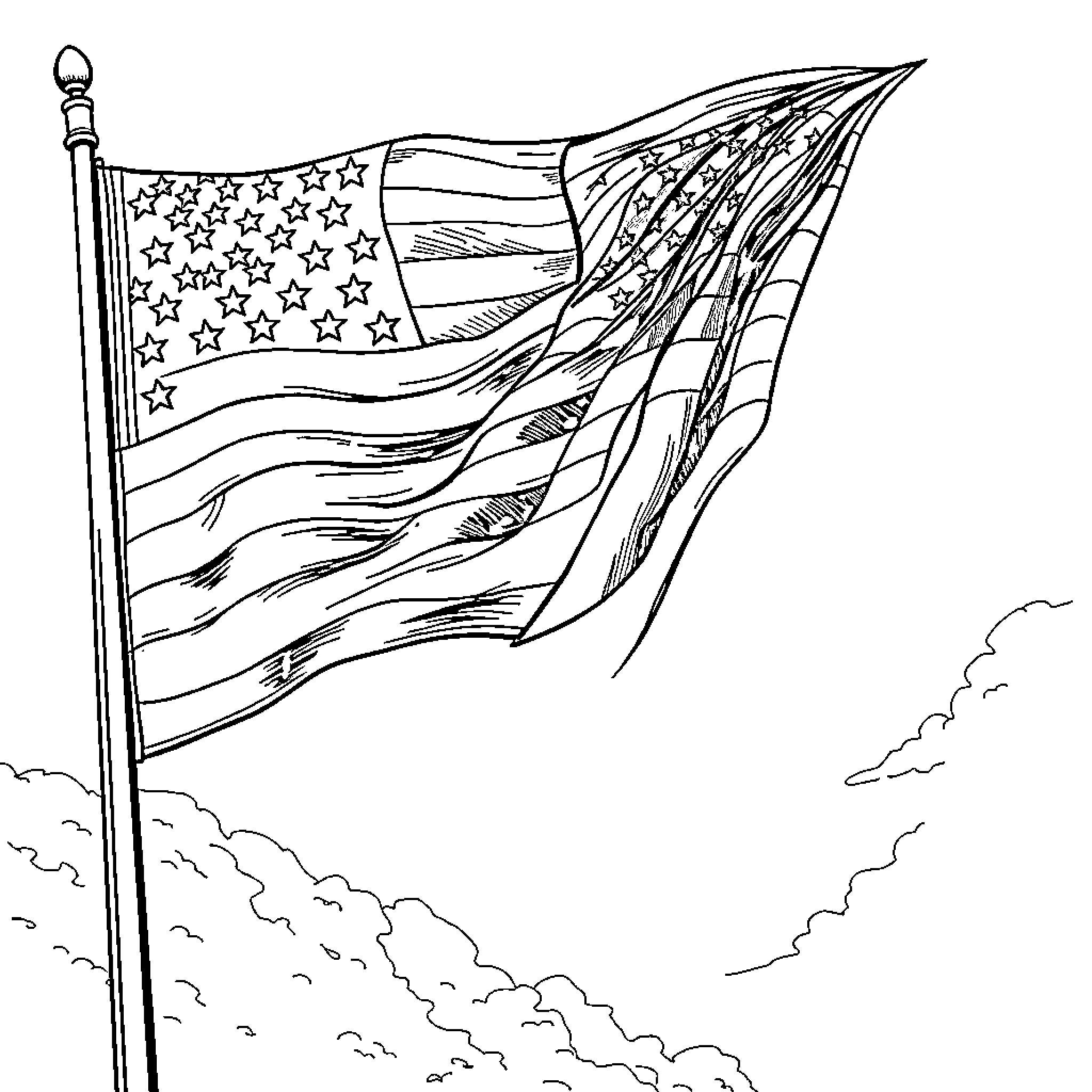American Flag Waving Proudly in the Sky Coloring Page (free black-and-white line drawing printable PDF for all, from beginners to advanced learners, including children, teens, adults, and seniors)