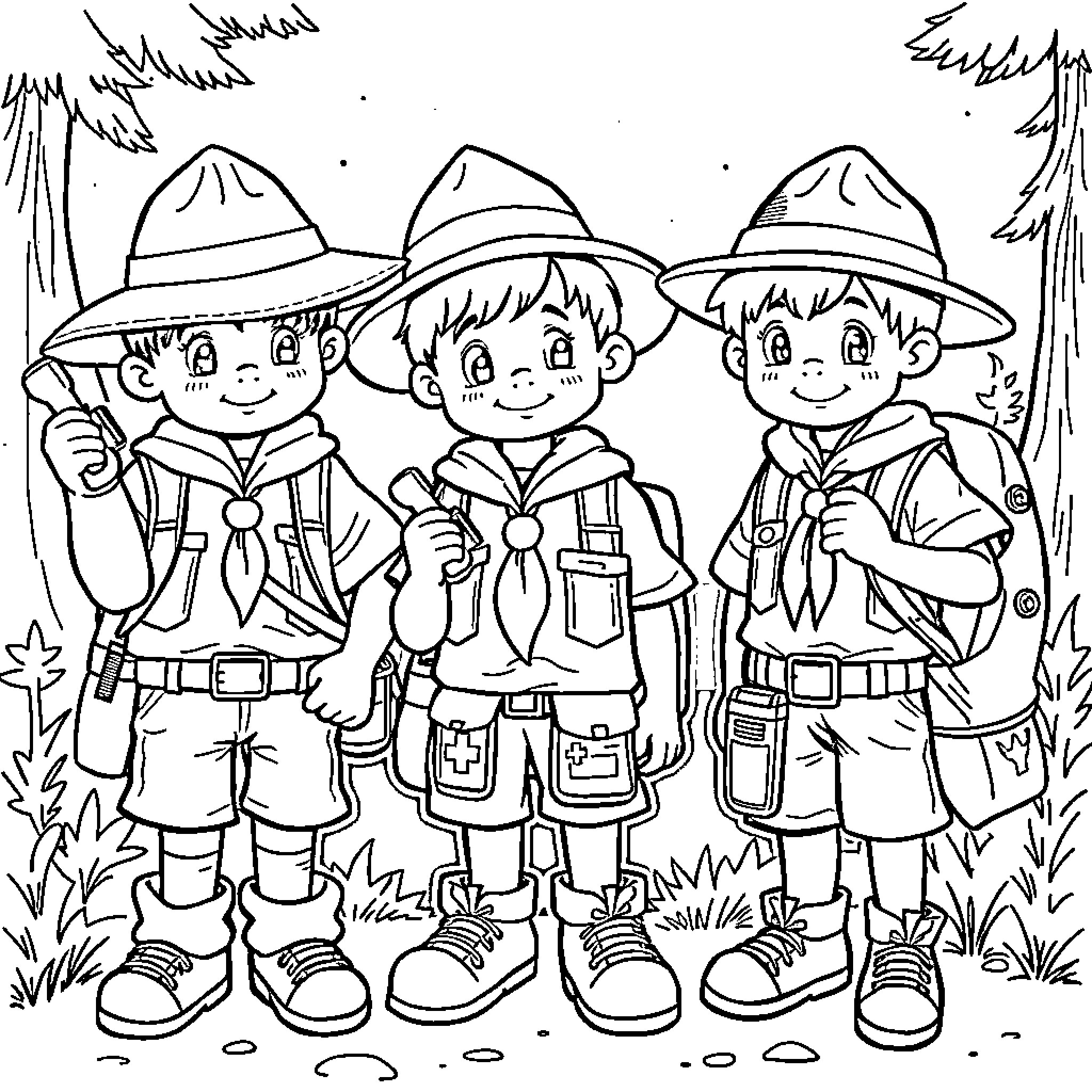 Cub Scouts exploring the outdoors in uniforms Coloring Page (free black-and-white line drawing printable PDF for all, from beginners to advanced learners, including children, teens, adults, and seniors)